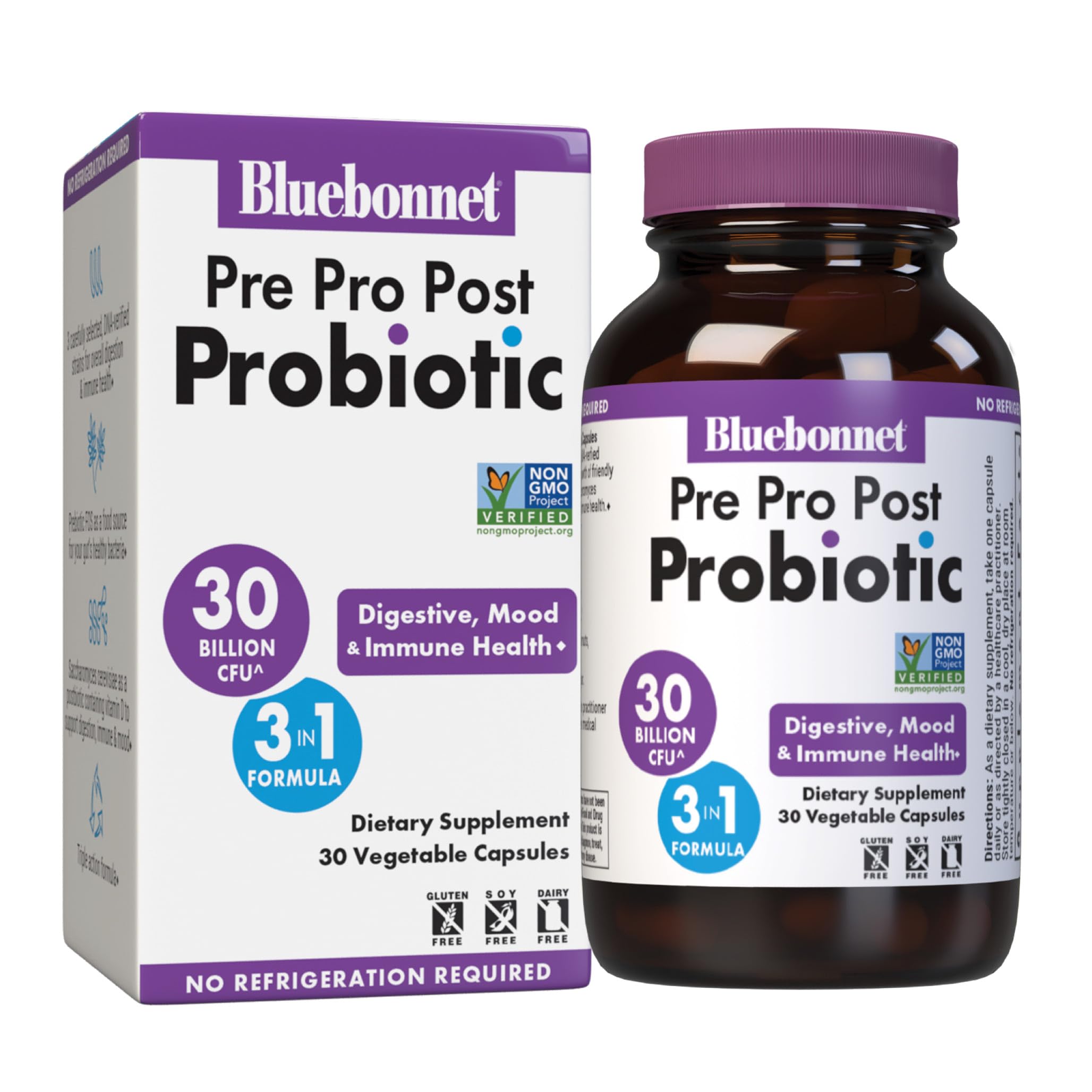 BlueBonnet Nutrition Pre Pro Post Probiotic 30 Billion CFU^ Shelf Stable – for Women & Men Digestion, Gut, Mood, Immune* - Free of Dairy, Gluten & Soy - Non-GMO - 30 Vegetable Capsules, 30 Servings BlueBonnet uk supplements