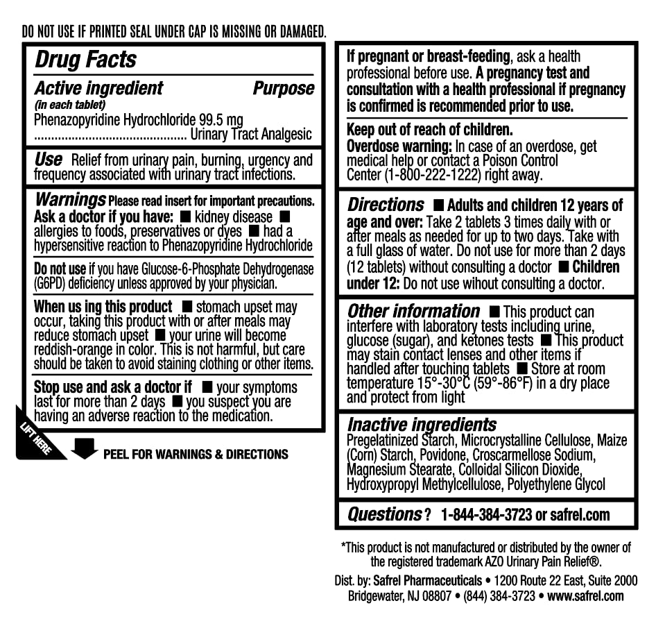 Safrel Urinary Pain Relief | UTI Relief | Fast Acting | Bladder Discomfort & Pain Relief | Phenazopyridine Hydrochloride 99.5mg (28 Count) Safrel uk supplements