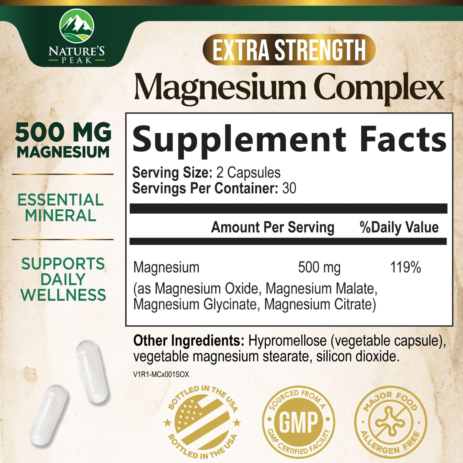 Magnesium Complex Supplement - Magnesium 500mg Per Serving - High Absorption Blend of Glycinate, Citrate, Malate, Oxide - Supports Sleep, Muscle, Bone, Heart Health - Bottled in USA - 60 Capsules Nature's Peak uk supplements