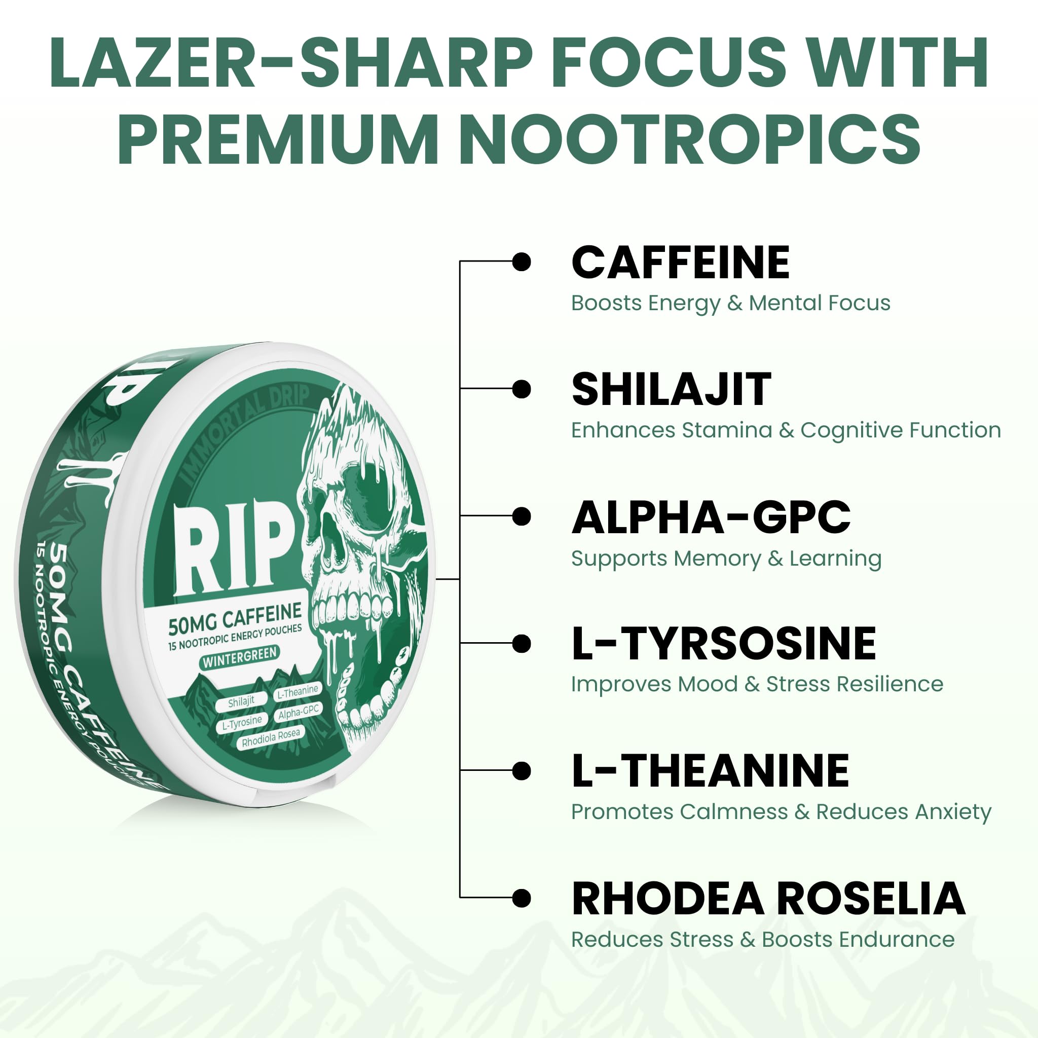 Immortal Drip RIP Nootropic Energy Pouches (Wintergreen) – 5 Cans – 15 Pouches per Can – Clean Energy & Focus Support – 50mg Caffeine, Shilajit, Alpha-GPC, L-Tyrosine, Rhodiola Immortal Drip uk supplements