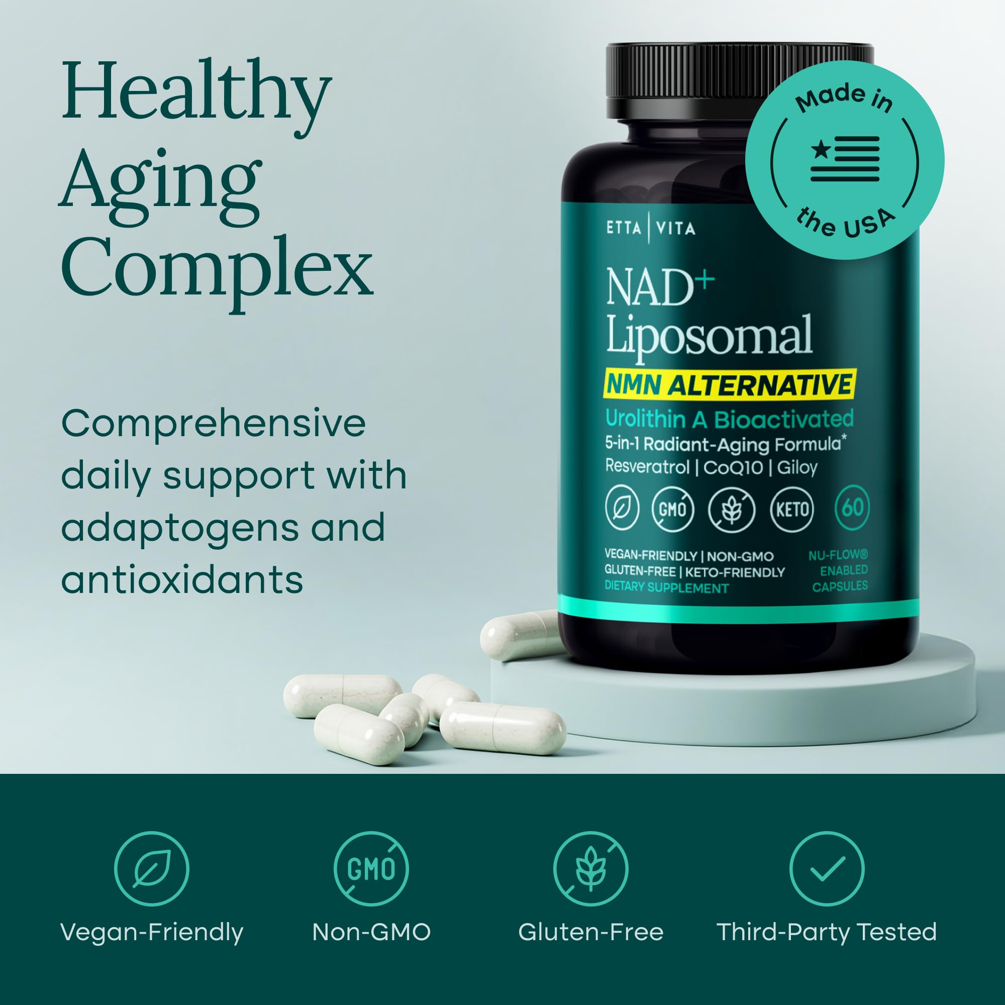 Liposomal NAD+ Supplement - Resveratrol, Urolithin A, CoQ10 & Muira Puama (Made in USA) NAD Supplement for Natural Energy, Brain Fog, Digestion, Detox, Gut Health, Microbiome, NR NMN Replacement Etta Vita uk supplements