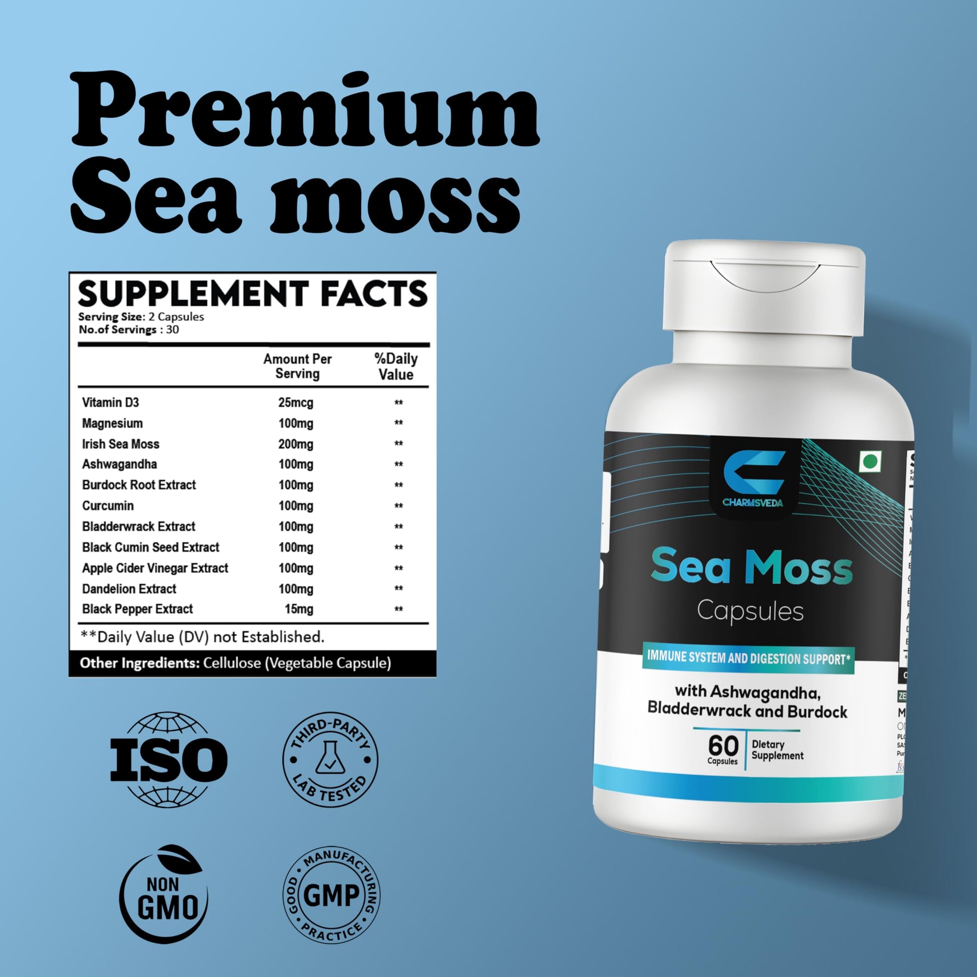 CHARMSVEDA Sea Moss Capsules with Ashwagandha, Bladderwrack & Burdock – Overall Wellness & Immune Support, Support Digestive & Gut Health* – 60 Vegan Capsules CHARMSVEDA uk supplements