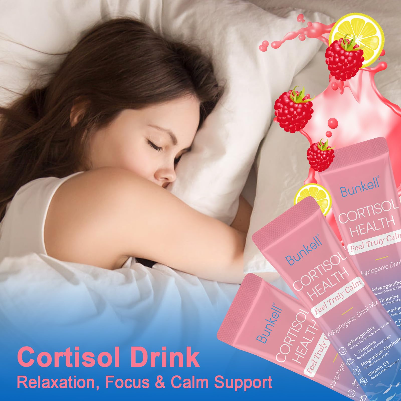 Bunkell Cortisol Powdered Drink Mix, Made with Magnesium Glycinate, L-Theanine, Ashwagandha & Vitamin D3, Cortisol Supplements for Relaxation, Focus & Calm Support, Raspberry Lemonade Flavor, 30 Ct Bunkell uk supplements
