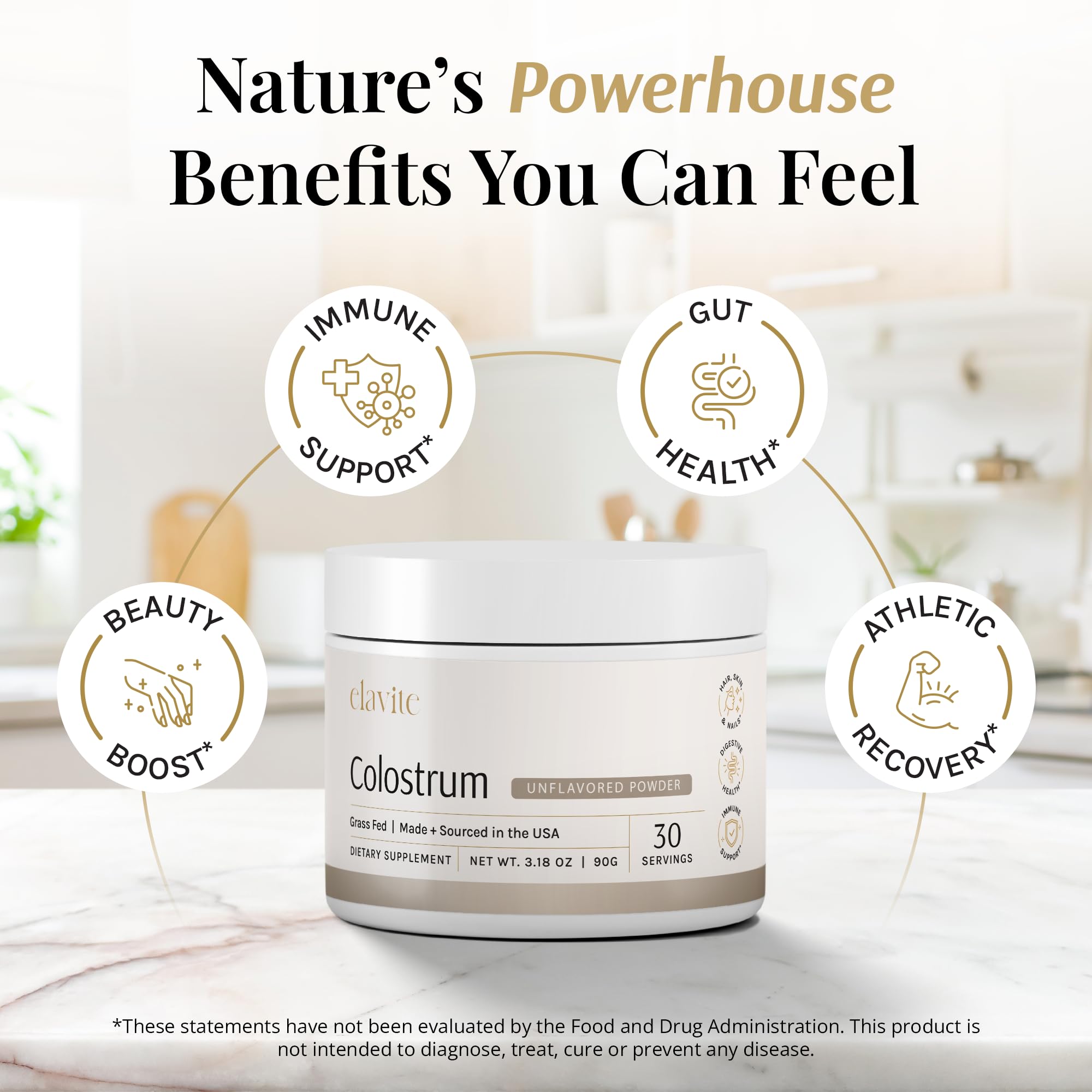 Elavite Bovine Colostrum Powder (Unflavored) Grass Fed Colostrum Supplement for Gut Health, Immune Support Healthy Hair, Skin & Nails - 30 Servings Elavite uk supplements