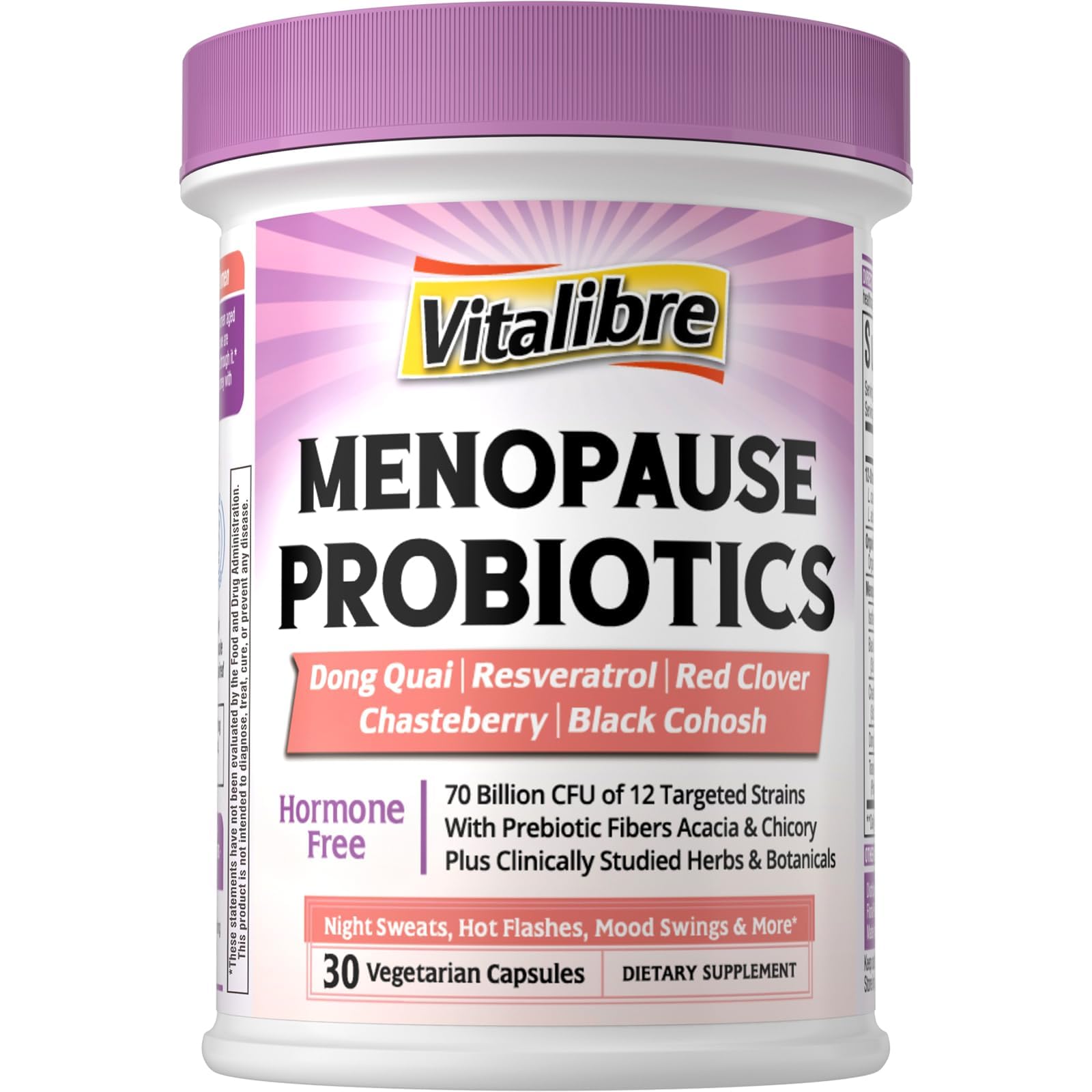 Vitalibre Menopause Probiotics for Women 70 Billion CFU, 12 Targeted Strains, Organic Prebiotics, Black Cohosh Resveratrol Red Clover Chasteberry Dong Quai, Hot Flash Night Sweat+, No Estrogen, 30 Ct Vitalibre uk supplements