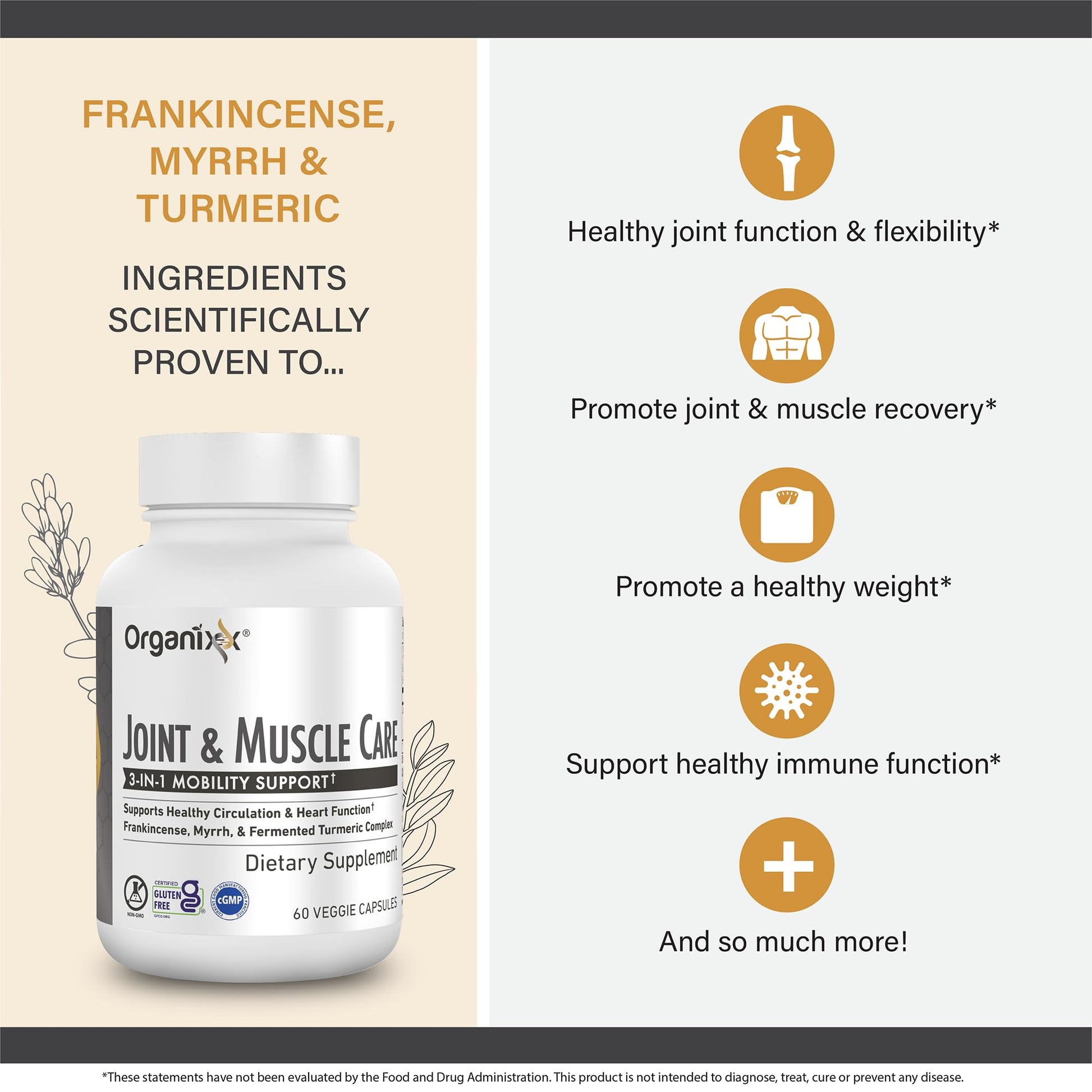 Organixx Joint & Muscle Care Organic Turmeric Supplement, 3-in-1 Frankincense, Turmeric and Myrrh Joint Health & Joint Support Supplement Body Care Capsules, Supports Swelling, Tension, 60 Capsules Organixx uk supplements