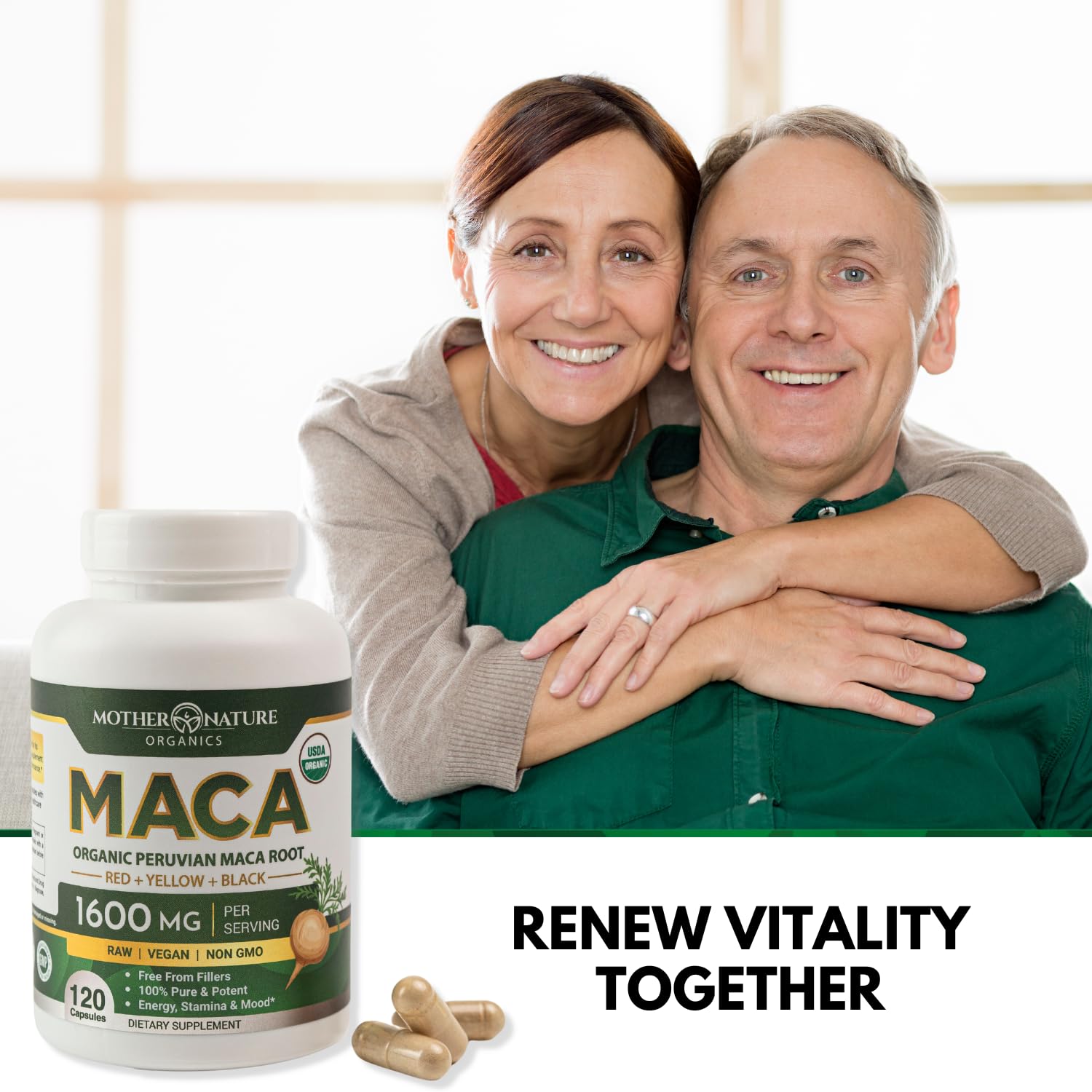 Mother Nature Organic Maca Root Capsules – 1600mg, 120 Vegan Capsules – Non GMO Peruvian Yellow, Red & Black Maca for Men & Women - Energy, Hormone, Brain & Weight Well-Being Mother Nature Organics Superfoods for Organic Living uk supplements