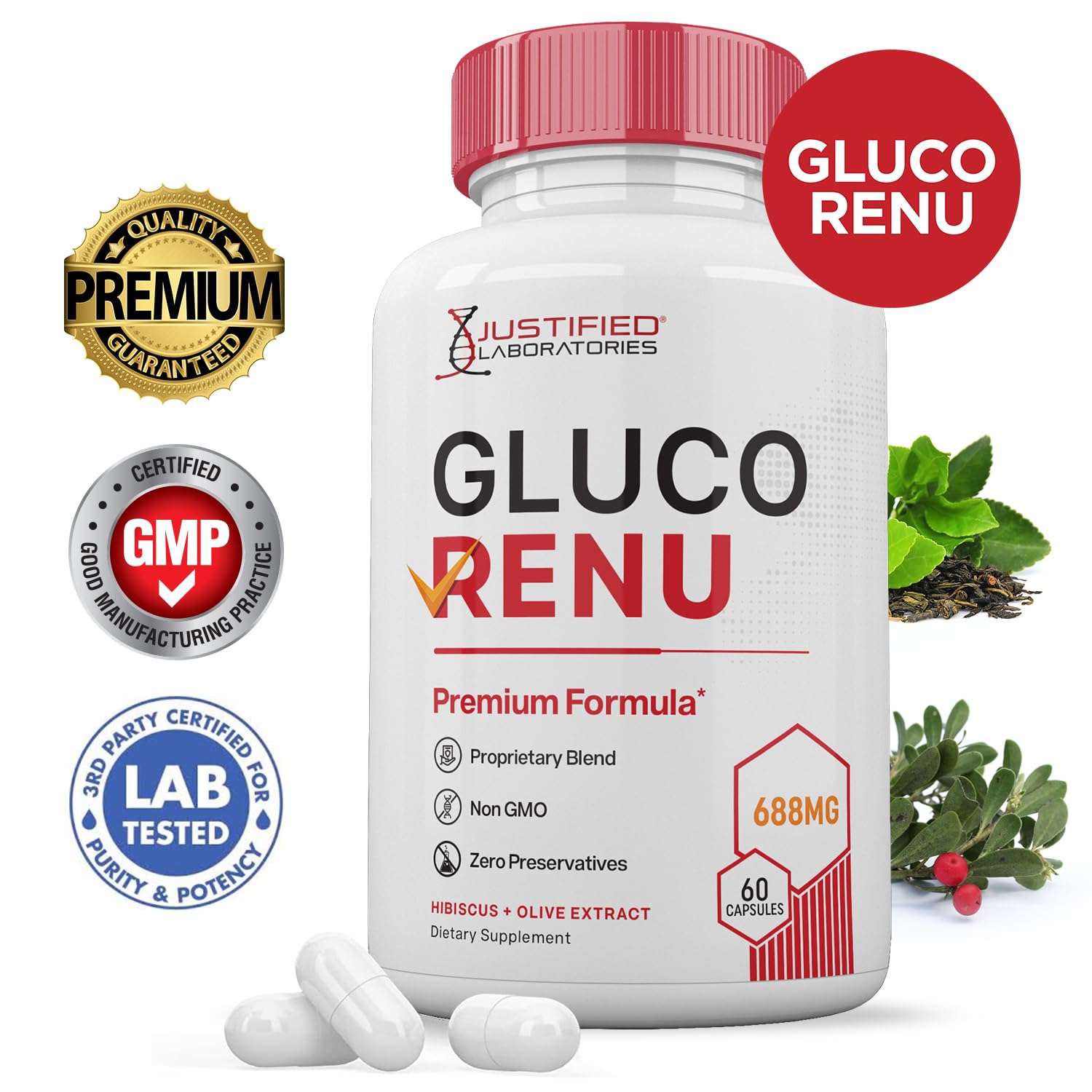 Gluco Renu 688MG Glyco Support Pills Premium Formula Gluo Renew Glycogen Support Formulated Hawthrone Hibiscus Garlic Junpier Powder Olive Forskolin Green Tea Extract 60 Capsules Justified Laboratories uk supplements