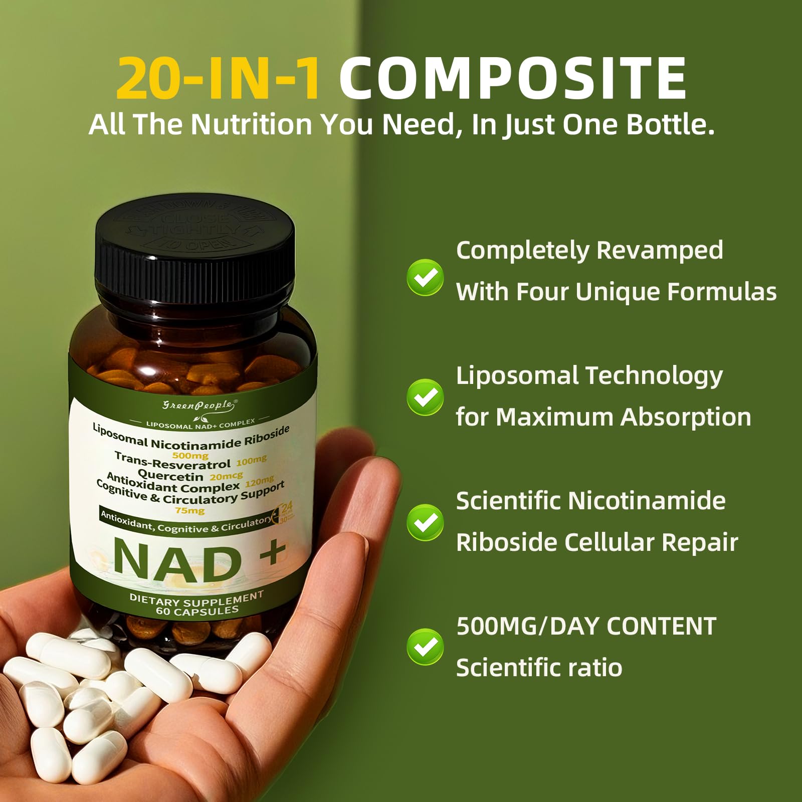 NAD+ Supplement for Women with Resveratrol , 20-in-1 NAD Plus Supplement with Liposomal Nicotinamide Riboside Boost NAD+ Levels for Cell Repair Energy, Antioxidant,Focus - 60 Vegan Capsules GREENPEOPLE uk supplements