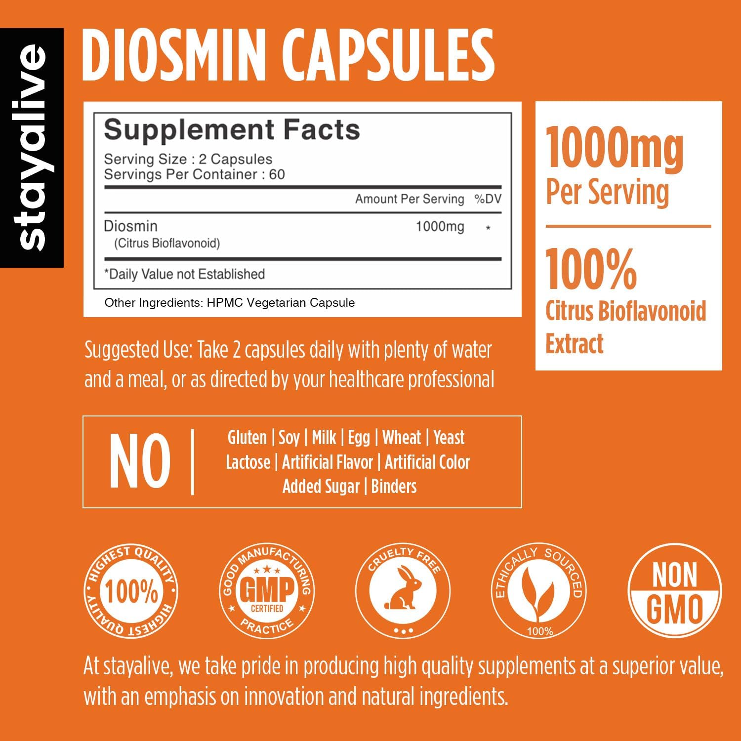 STAY ALIVE Pure Diosmin Complex 1000mg Formula, 120 Capsules, Citrus Bioflavonoids Rich Fruit Extract, 2 Month Supply, 100% Vegetarian, Non-GMO & Gluten Free Diosmin Supplement STAY ALIVE uk supplements