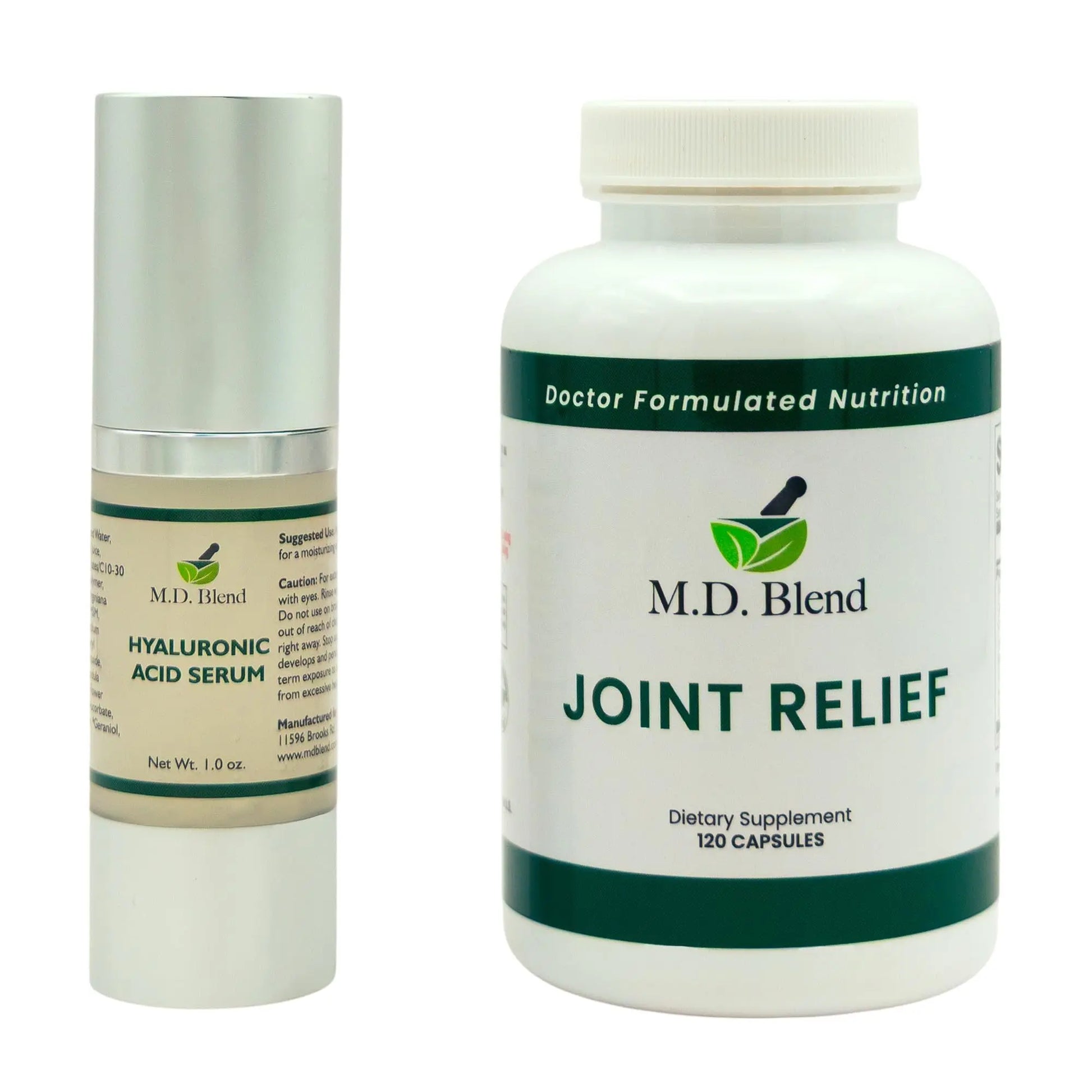 M.D. Blend Wellness Bundle with joint health supplement (120 capsules) & lightweight face hydrating hyaluronic acid serum (30 ml) featuring an airless pump, daily wellness skincare + joint support duo M.D. Blend uk supplements