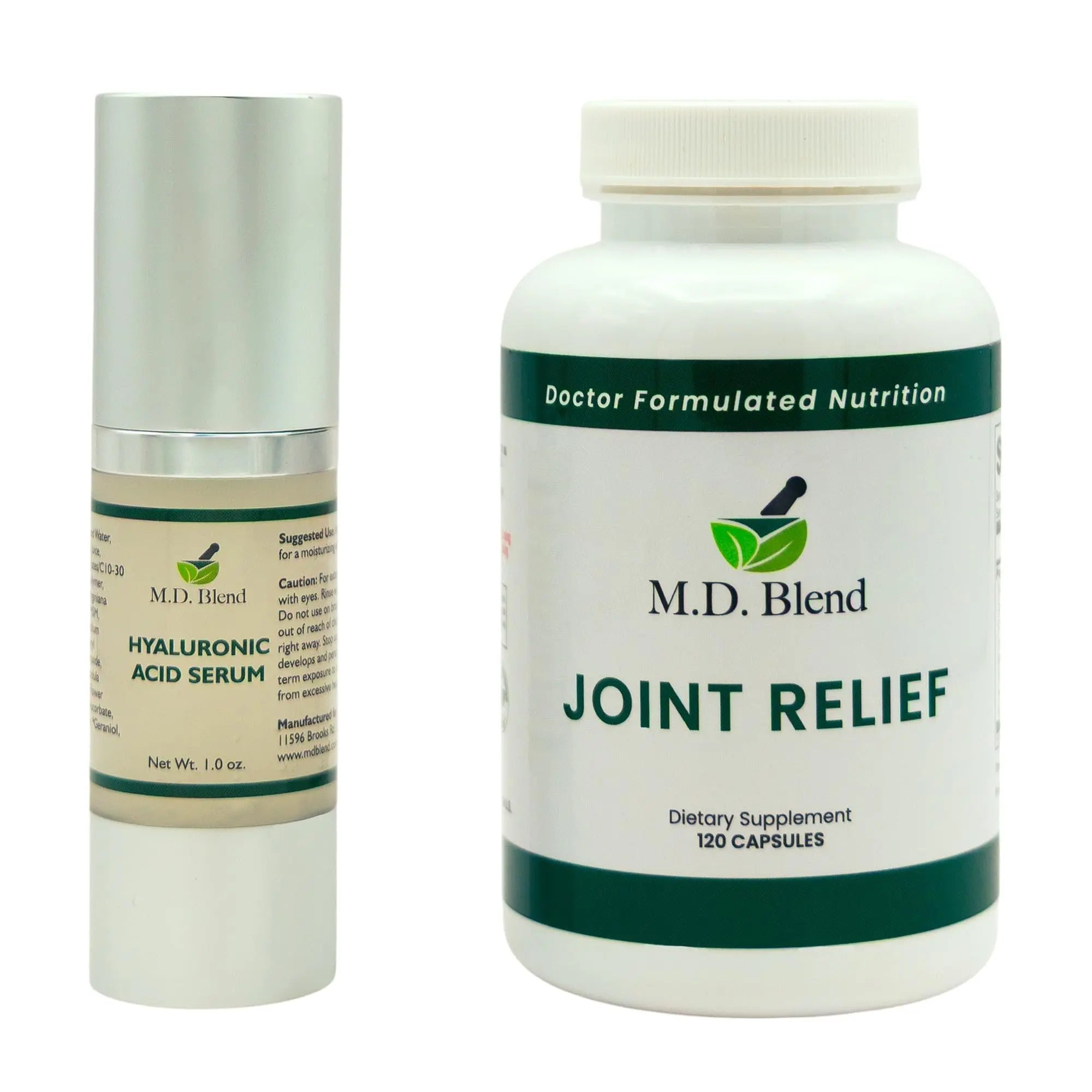 M.D. Blend Wellness Bundle with joint health supplement (120 capsules) & lightweight face hydrating hyaluronic acid serum (30 ml) featuring an airless pump, daily wellness skincare + joint support duo M.D. Blend uk supplements