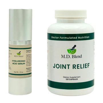 M.D. Blend Wellness Bundle with joint health supplement (120 capsules) & lightweight face hydrating hyaluronic acid serum (30 ml) featuring an airless pump, daily wellness skincare + joint support duo M.D. Blend uk supplements