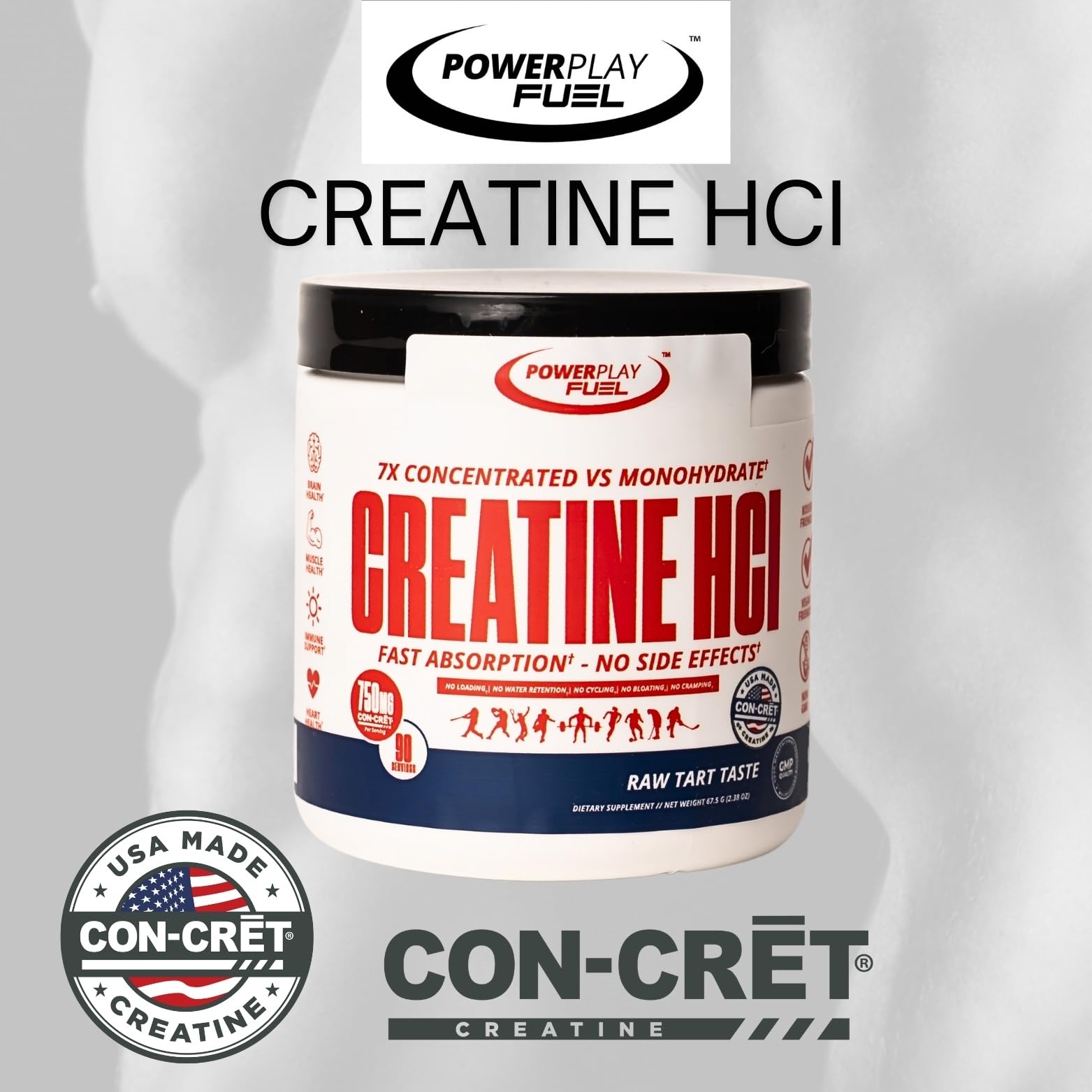 CREATINE HCl Powder for Men and Women, Muscle Strength, Brain Performance, Heart Health & Immune Support - Raw Tart Taste, 90 Servings POWER PLAY FUEL uk supplements