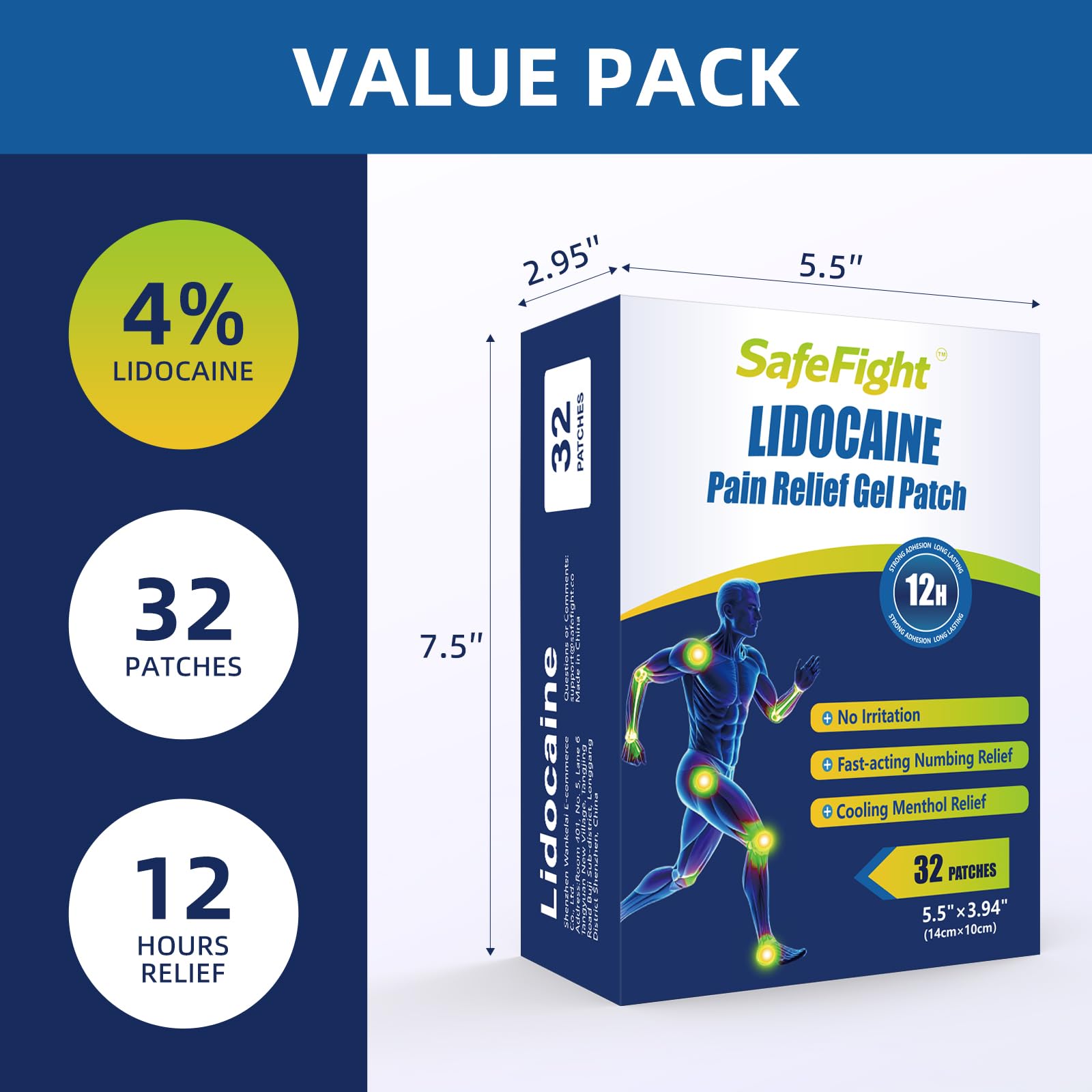 SafeFight 4% Lidocaine Pain Relief Patches 32 Count - Maximum Strength Relief for Back, Neck, Shoulder, Joint & Muscle Pain, Add Menthol, 12 Hour Long Lasting Relief Pains SafeFight uk supplements