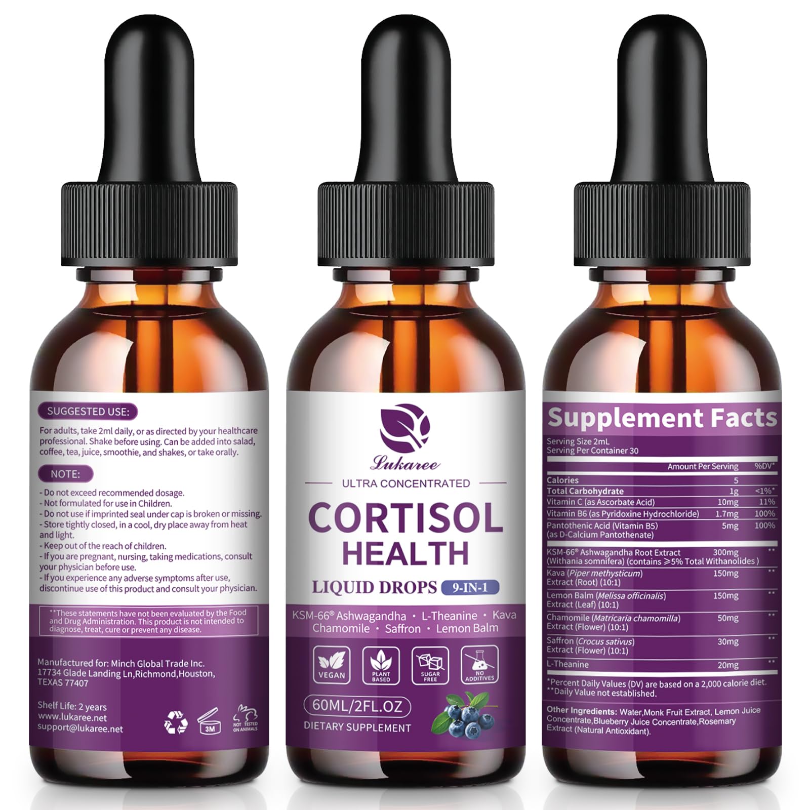 Cortisol Supplements for Women, Cortisol Reducer Manager Detox with KSM-66® Ashwagandha, Kava, Lemon Balm & Vitamin C B5 B6, Lower Cortisol, Hormone Harmony Liquid Drops, 2 FL.OZ, Blueberry Flavor Lukaree uk supplements