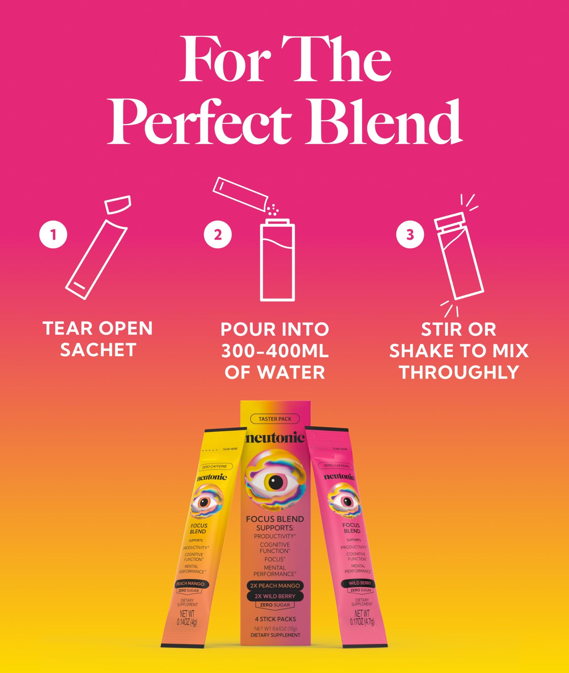 Neutonic Nootropic Focus Blend Powder | Peach Mango & Wild Berry 4 Sticks | Caffeine Free, Zero Sugar | Support Memory, Mental Clarity, Cognitive Function | Boost Focus, Energy, Brain Health Neutonic uk supplements