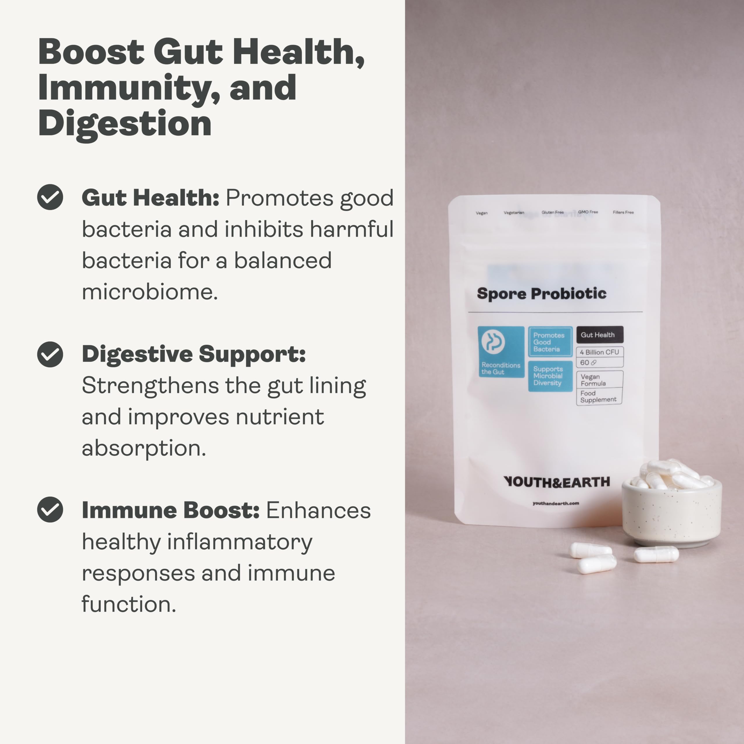 Youth & Earth Spore Probiotics 4 Billion CFU Count - Probiotics for Gut Health & Immune Support | Gut Health Supplements for Digestive Health | 60 Capsules Youth & Earth uk supplements