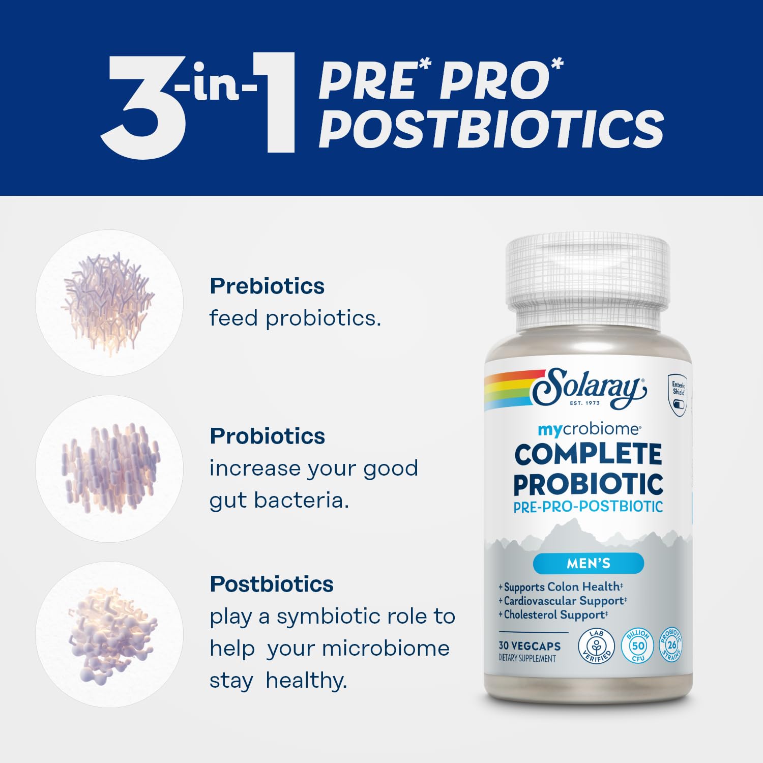SOLARAY Mycrobiome Complete Probiotic Men's Formula - Pre and Probiotics for Men Plus Postbiotic - Digestive Health and Immune Support - 50 Billion CFU, 26 Strains - Vegan - 30 Servings, 30 VegCaps SOLARAY uk supplements