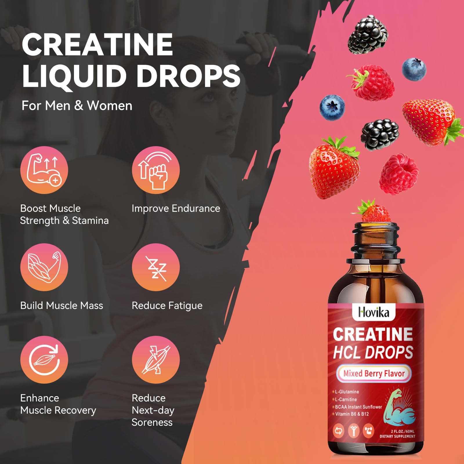 Creatine HCL Liquid Drops for Men & Women, Creatine Hydrochloride with L-Carnitine, L-Glutamine, BCAA, Vitamin B12 & B6 for Muscle Growth & Recovery-Vegan, Mixed Berry Flavor Flavor, 2 Fl Oz Hovika uk supplements