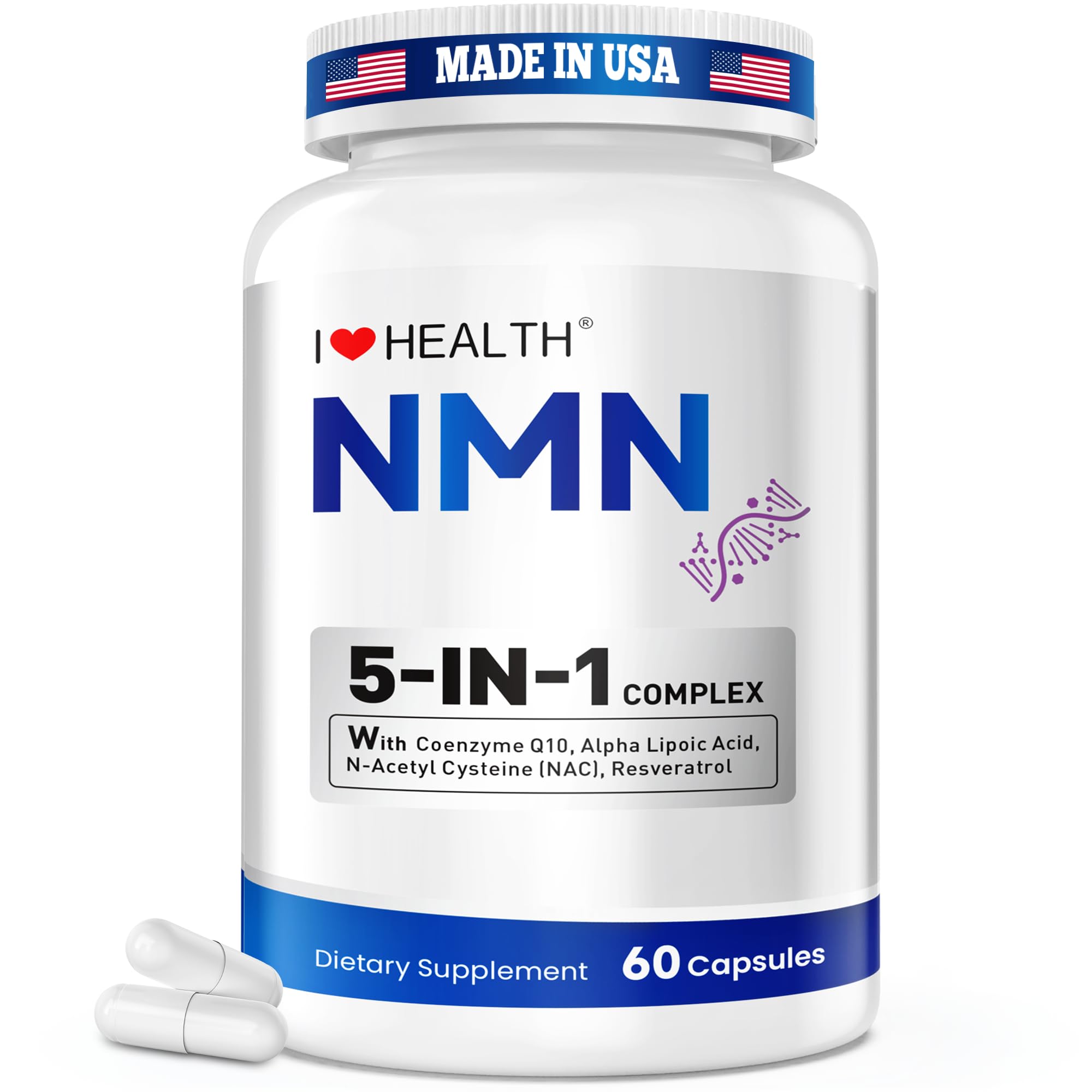I LOVE HEALTH NMN Supplement, 5-in-1 Complex with NAC, Alpha Lipoic Acid, CoQ10 & Resveratrol - High Absorption Anti Aging Formula - Third Party Tested, cGMP, Gluten Free - 60 Capsules I LOVE HEALTH uk supplements