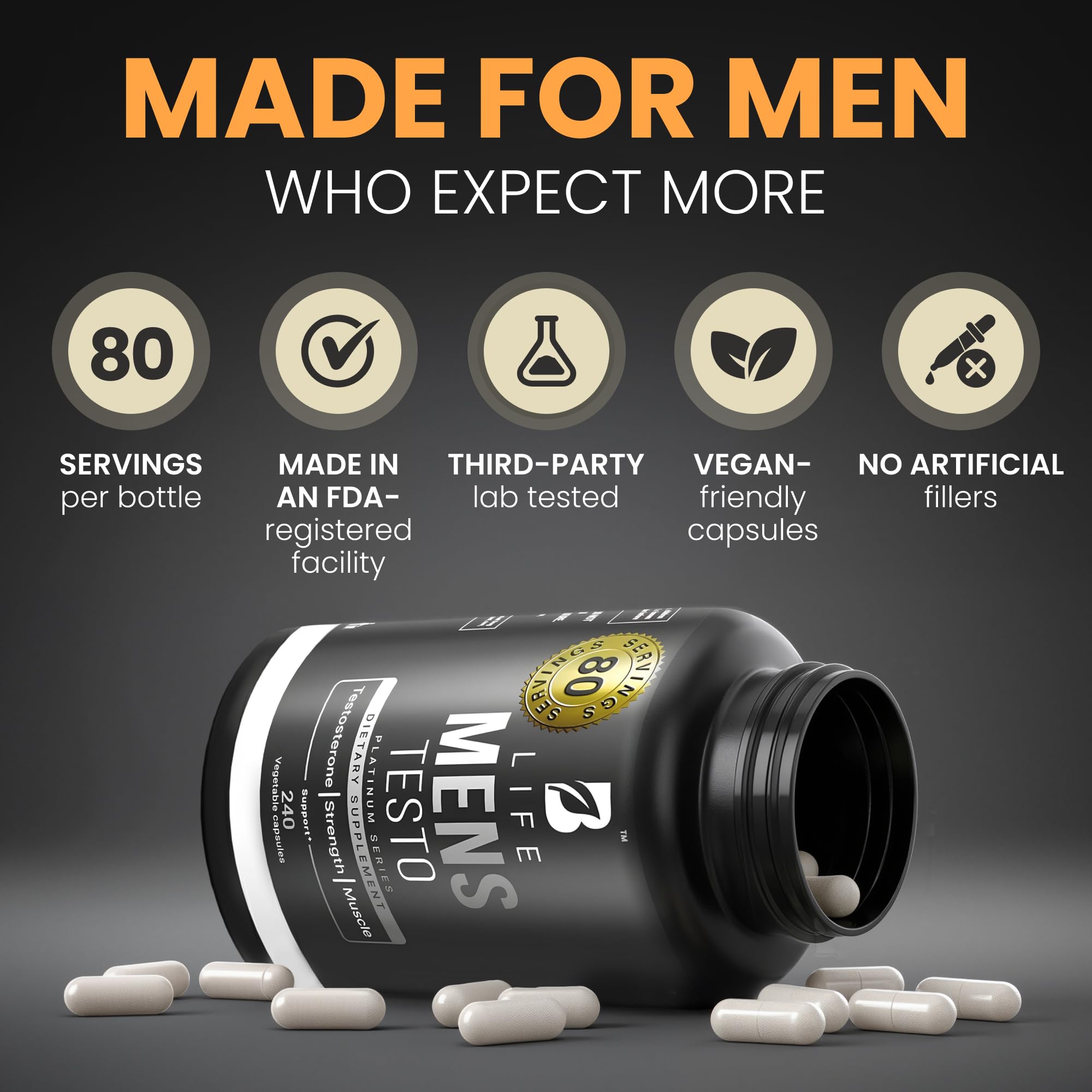 Testosterone Booster Supplement for Men | Boron supplement for men with Tribulus Terrestris, Black Maca, Horny Goat Weed, L-Arginine | Stamina, Endurance, Muscle growth & strength | 80 Servings B Life Company uk supplements