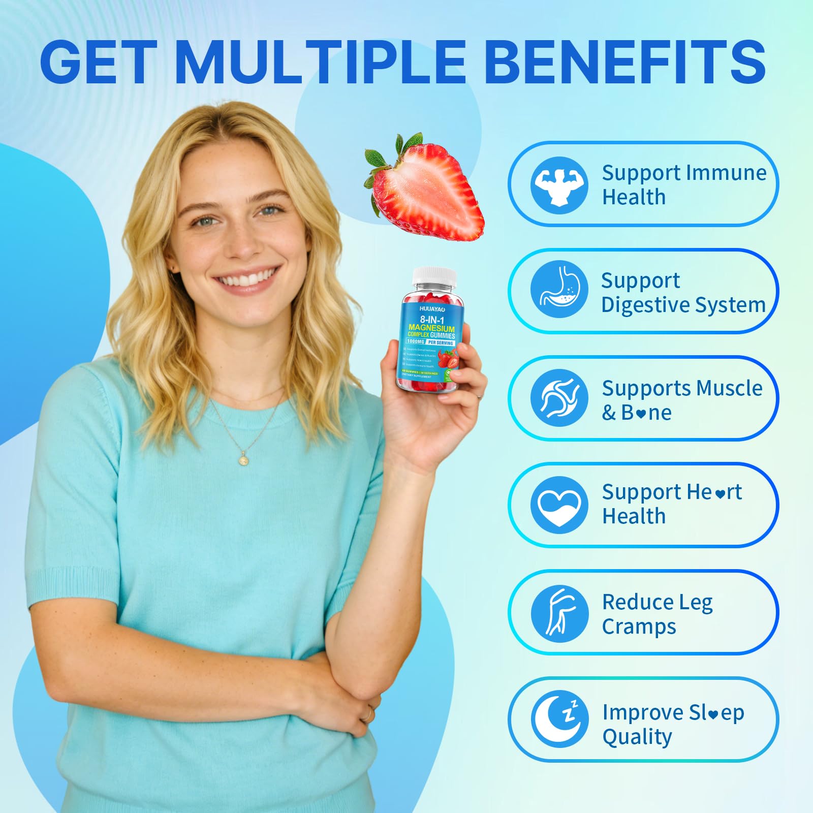 Magnesium Complex Gummies for Women Men 8 in 1, Magnesium Glycinate, Citrate, Malate, Taurate, Supports Bones, Muscle, Nerve Health, Sugar-Free, Vegan Non-GMO, Strawberry Flavor, 120 Count HUUAYAO uk supplements