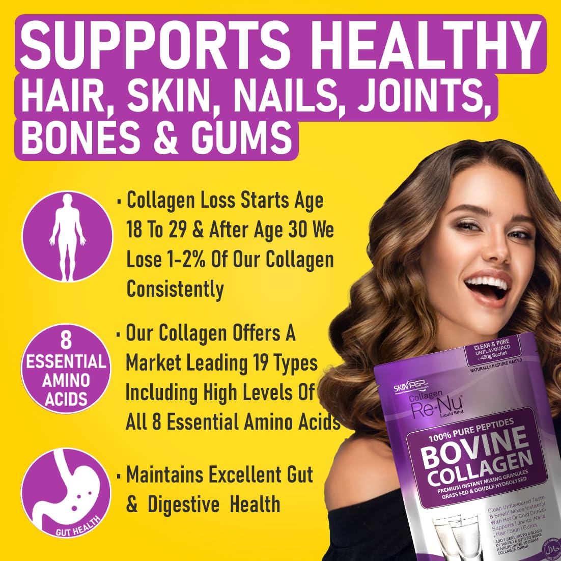 Collagen Powder, Ultra Premium Hydrolysed Bovine Collagen Peptides by SkinPep Skin Pep uk supplements