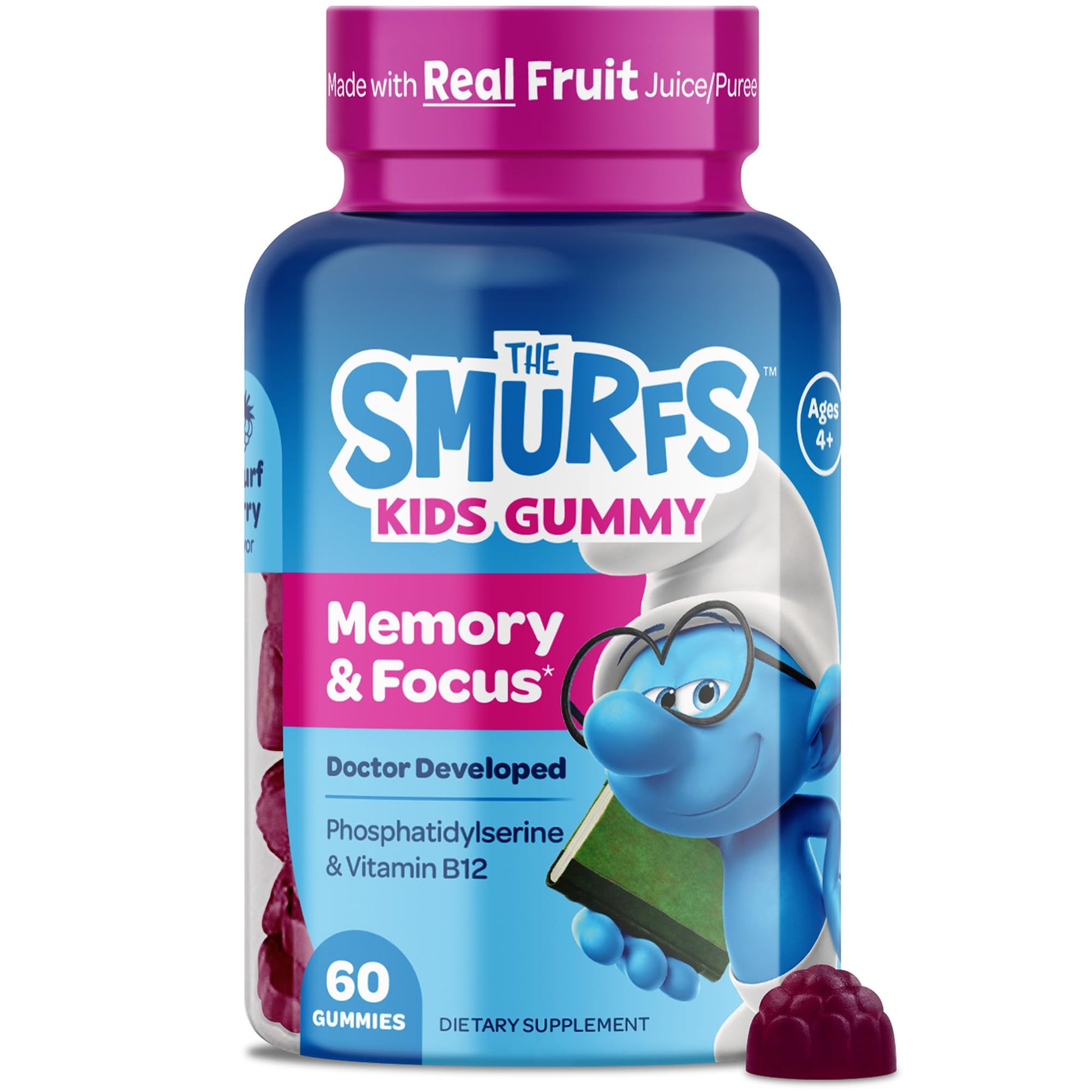 The Smurfs Nootropic Gummies for Kids with Vitamin B12 & L-Theanine | Laser Focus Gummy for Focus and Memory Supplements | Made with Real Fruit in a Smurf Berry | Doctor Developed | 60 Vegan Gummies VITABURST uk supplements