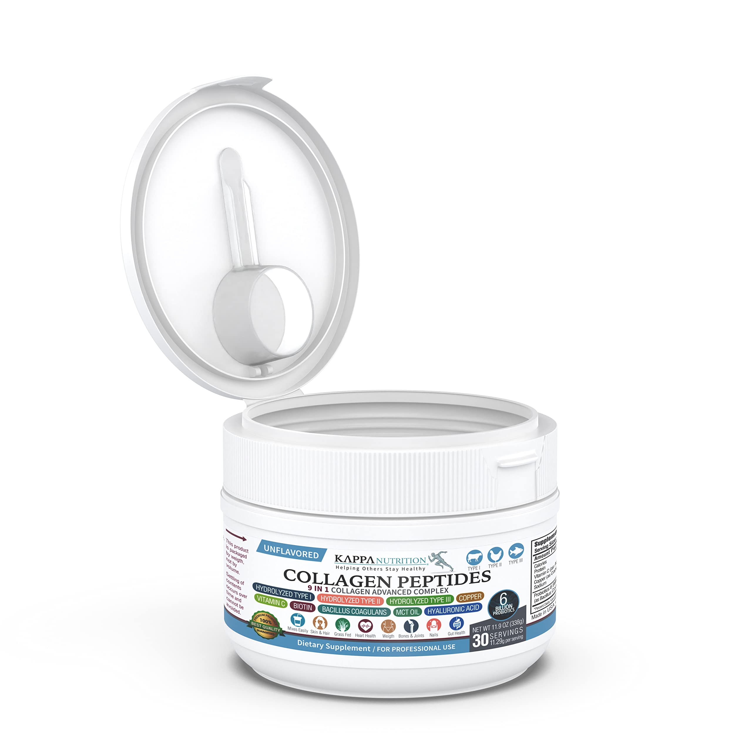 KAPPA NUTRITION Collagen Type I, II, III, 6 Billion Probiotic Acid Resistance, Hyaluronic Acid, Vitamin C, Biotin, Copper and MCT Oil, Beautiful Hair, Nails, & Skin, Collagen Peptides 9 in 1 (11.9oz) KAPPA NUTRITION uk supplements