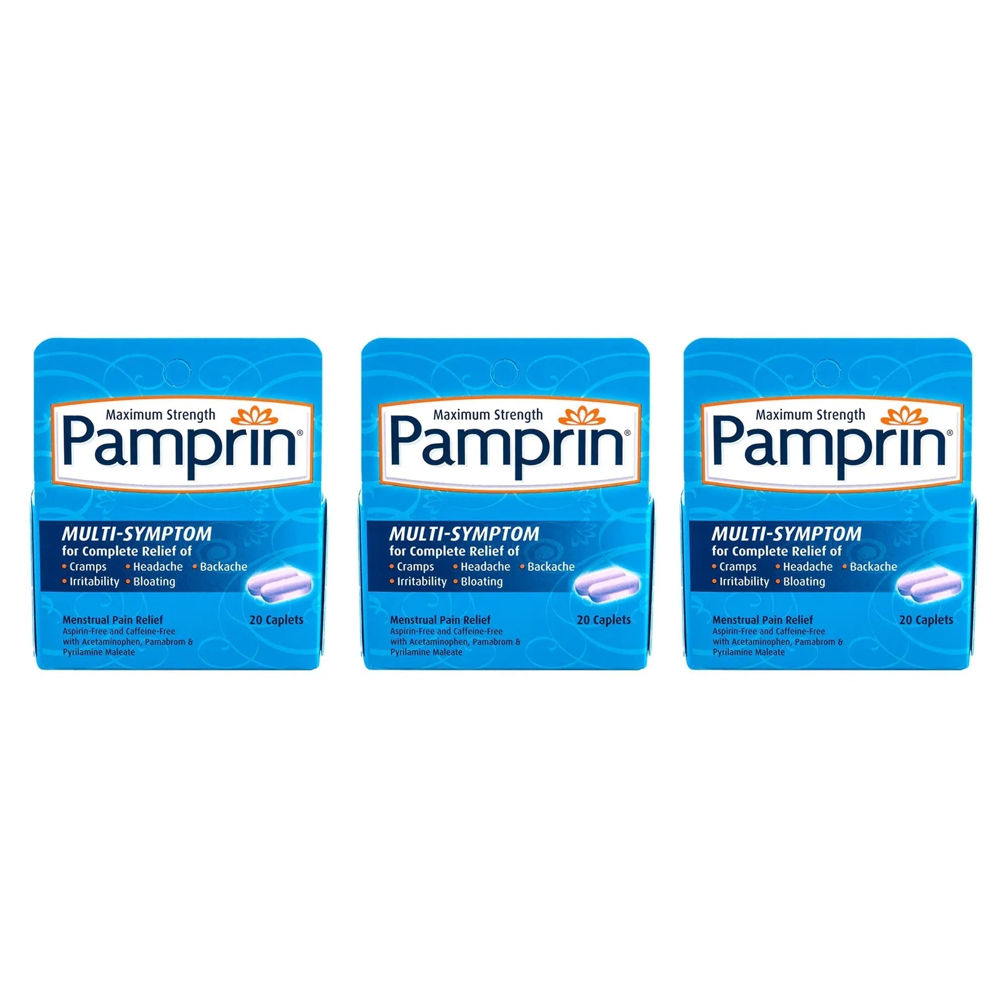 Pamprin Multi-Symptom Formula, with Acetaminophen, Menstrual Period Symptoms Relief, 20 Caplets (Pack of 3) Pamprin uk supplements