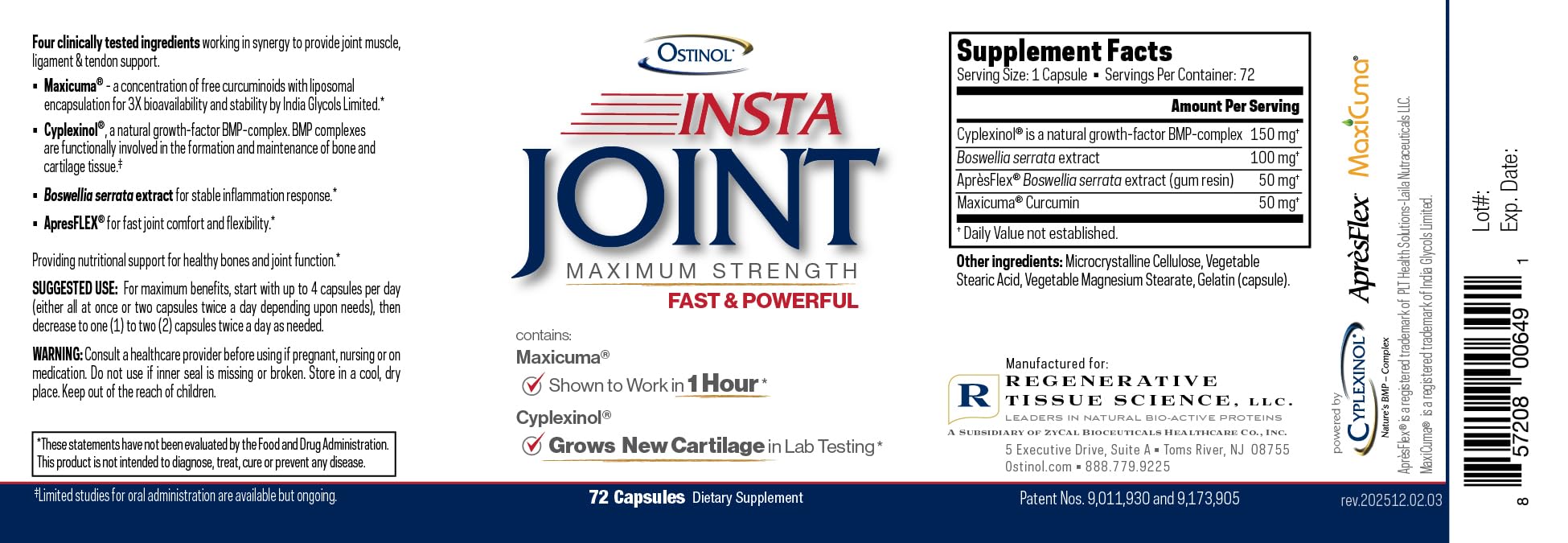 Ostinol Insta Joint Maximum Strength – Advanced Joint Support Capsules with Cyplexinol®, Maxicuma®, ApresFlex® & Boswellia – Supports Cartilage, Flexibility & Mobility – 72 Capsules ZYCAL uk supplements