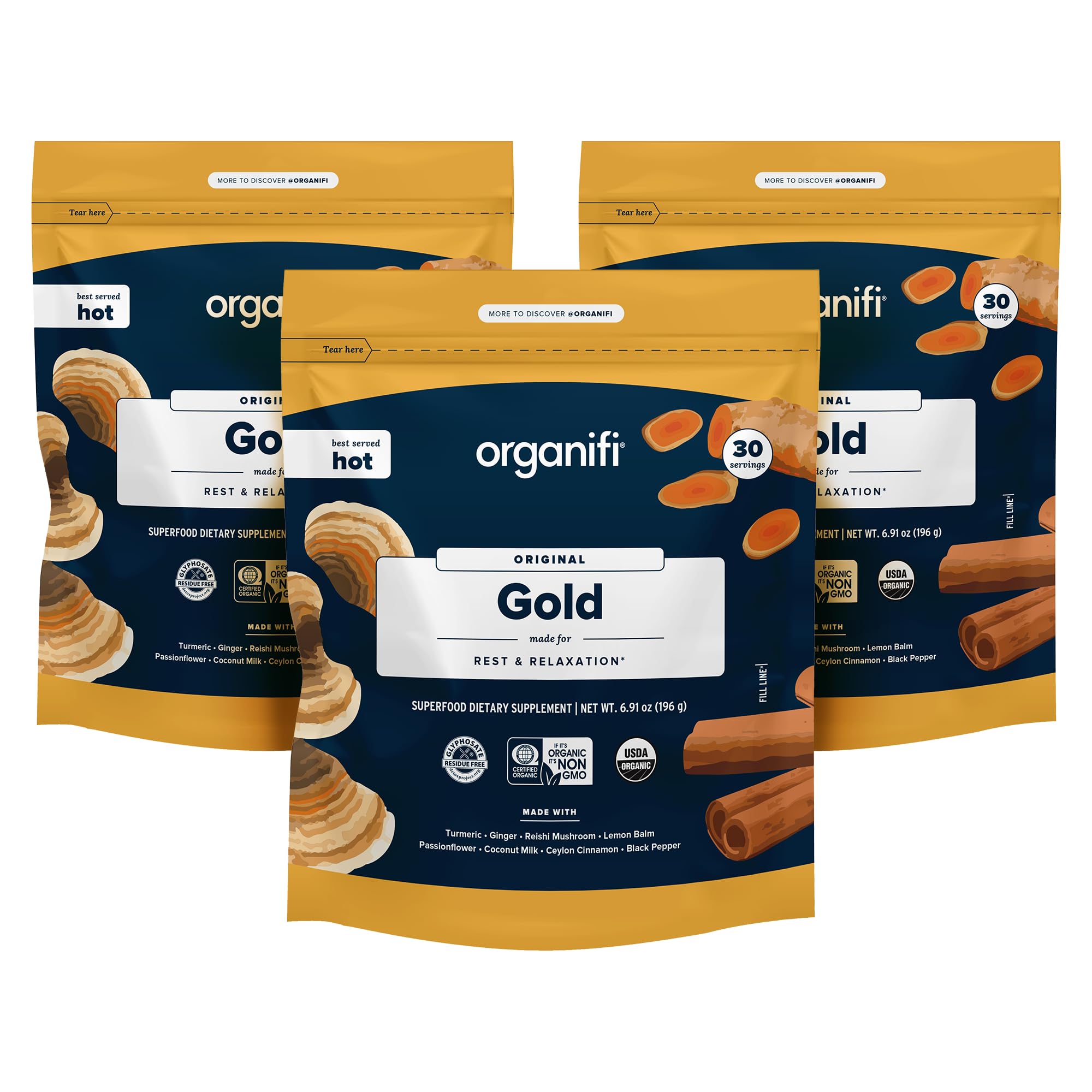Organifi: Gold - Superfood Supplement Powder- 90 Servings (3 Pack) - Stress Support Organifi uk supplements