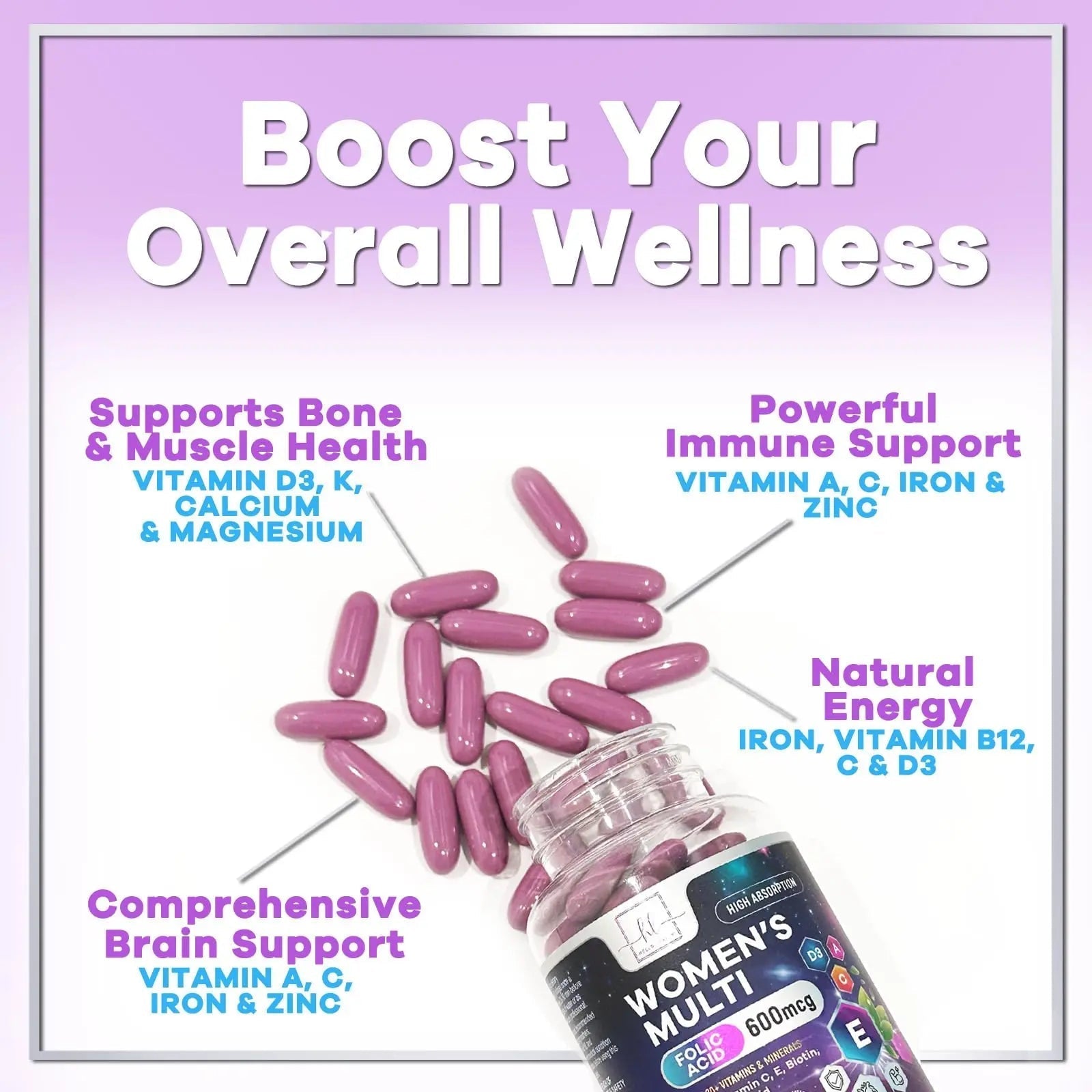 Multivitamin For Women - Complete Daily Woman's Multivitamins with Biotin, Calcium, Folic Acid, Iron, Zinc, Vitamin A, C, D, E & B Vitamins Hello Lovely! uk supplements