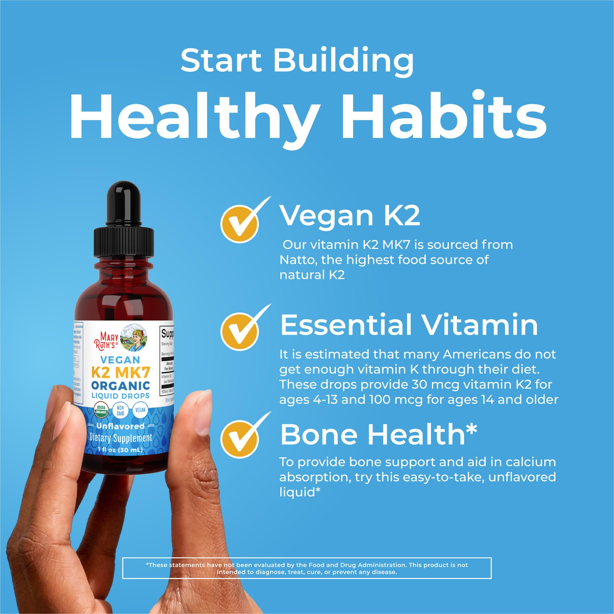 MaryRuth’s USDA Organic Vitamin K2 MK7 Liquid Drops for Adults & Kids | Sourced from Natto | Menaquinone- 7 | Vegan K2 Vitamin for Bone Health & Calcium Absorption | 1oz | Up to 90 Servings MARYRUTH'S uk supplements