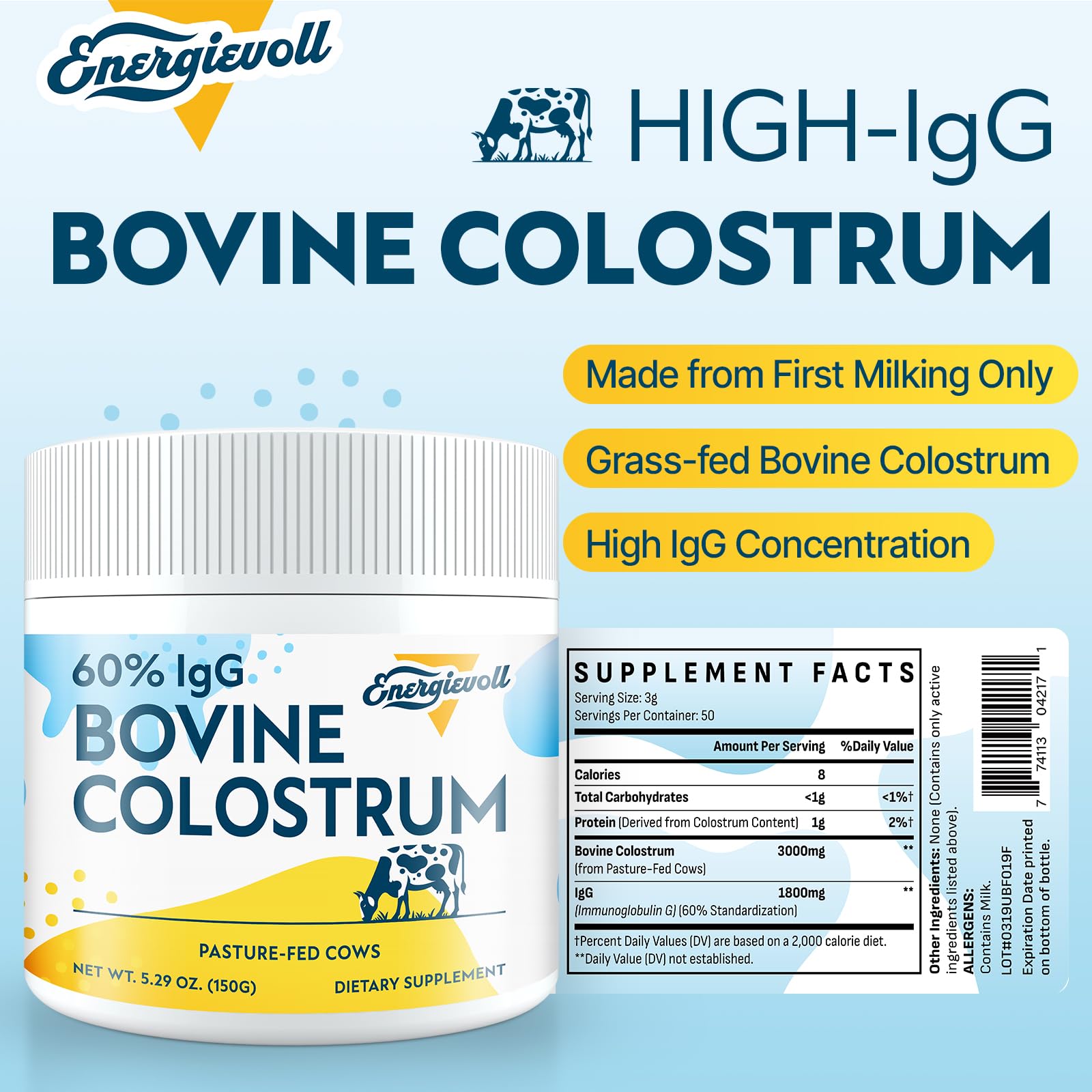 Energievoll Bovine Colostrum Supplement Powder - 60% IgG 3000 mg for Gut, Hair Growth, Beauty, and Immune, Easy to Mix, Unflavored (50 Servings) Energievoll uk supplements