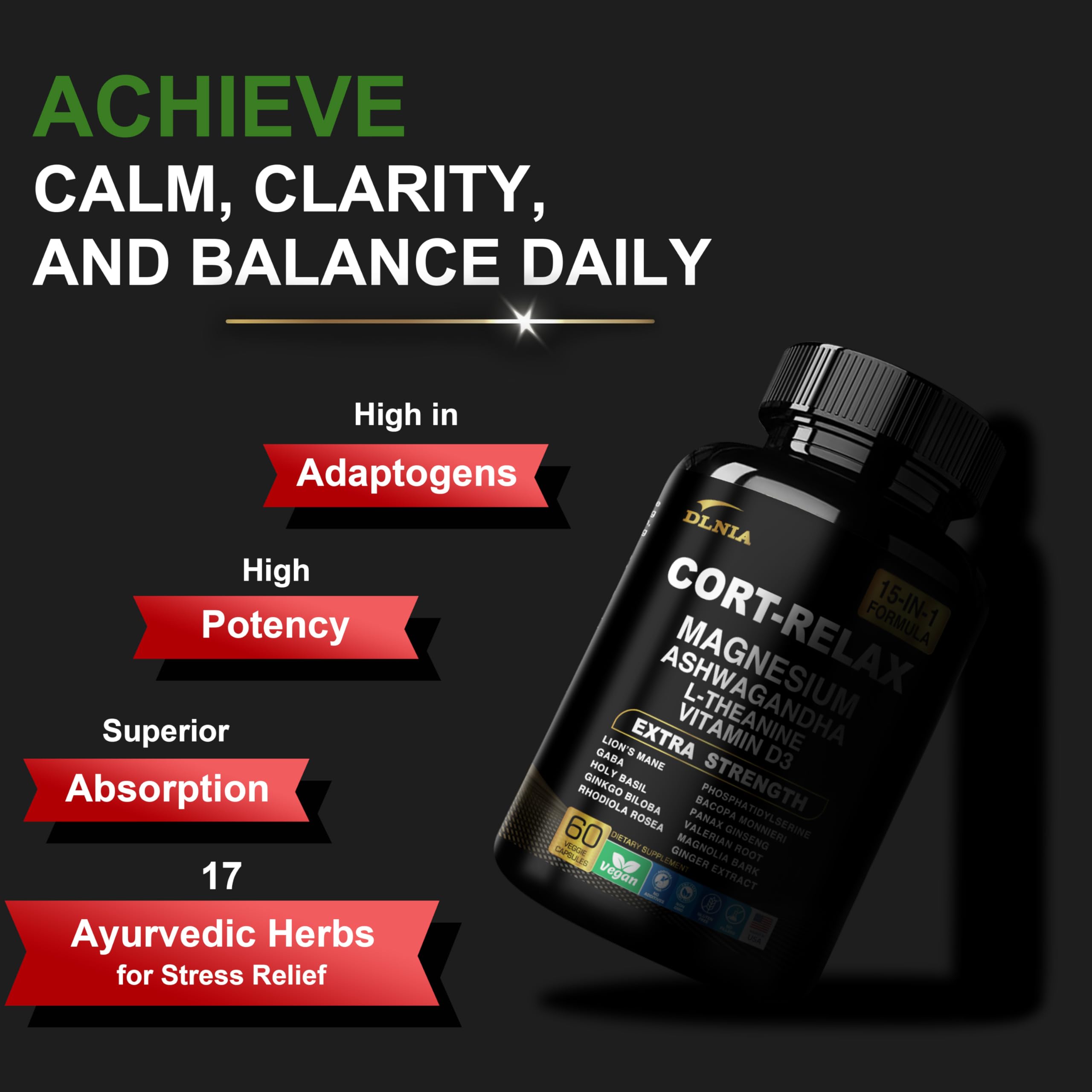 DLNIA Super Calm Cortisol Supplement with Magnesium Glycinate, Ashwagandha KSM-66, L-Theanine, Phosphatidylserine, Ginkgo Biloba & Lions Mane for Calm, Focus, Mental Clarity, Relaxation, Sleep, Energy DLNIA uk supplements