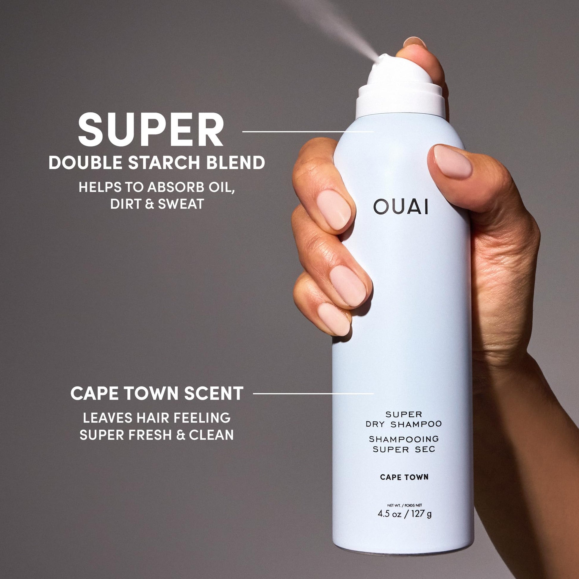 OUAI Super Dry Shampoo - Volumizing Dry Shampoo - Absorbs Oil, Dirt & Sweat - Blends Seamlessly into Hair with Zero Residue & Enriched with a Long-Lasting Scent - Cape Town (4.5 oz) OUAI uk supplements