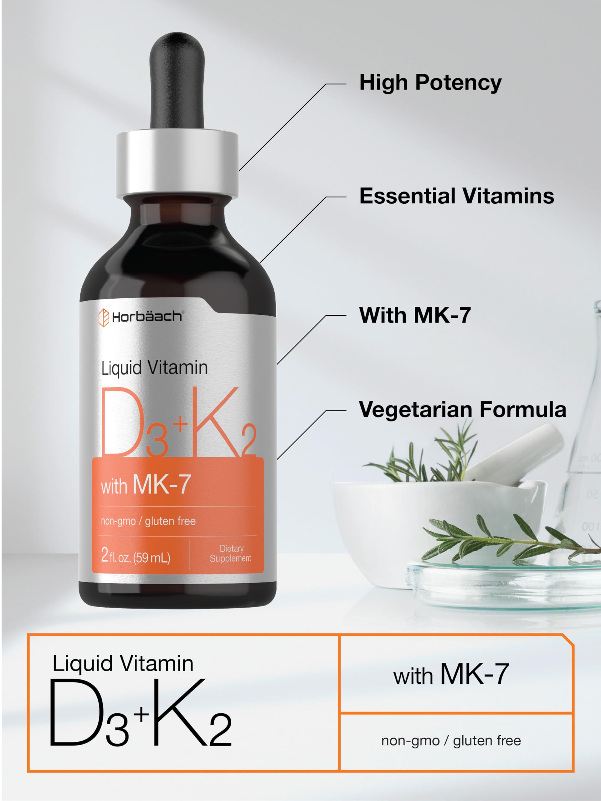 Horbäach Vitamin D3 + K2 Liquid Drops | with MK7 | 2 Fl Oz | Vegetarian | Non-GMO Horbäach uk supplements