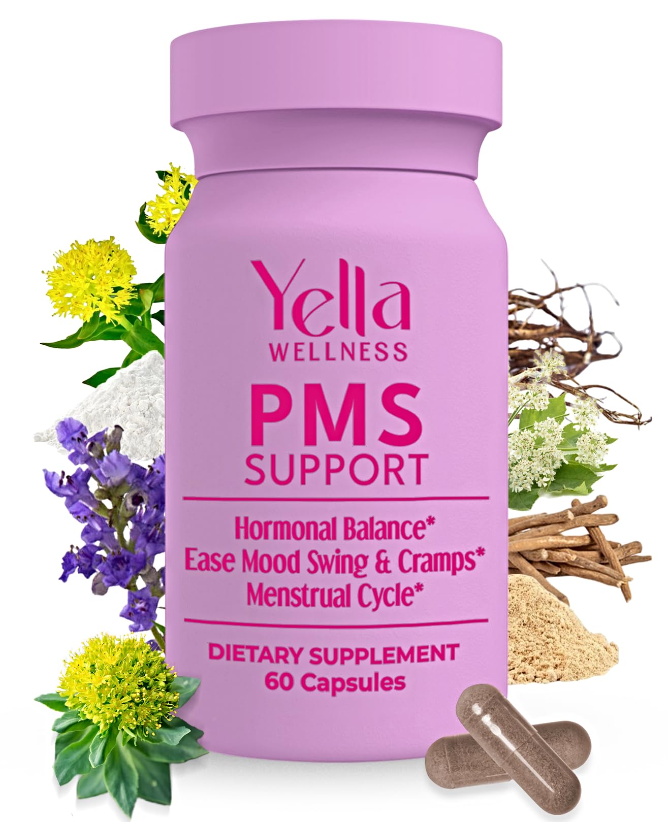 YELLA WELLNESS Hormone Balance for Women - PMS Support Supplement for Women w/Chaste Tree, Dong Quai and Ashwagandha- PMS and Menopause Relief for Bloating, Cramps and Mood Swings- (60ct) YELLA WELLNESS uk supplements