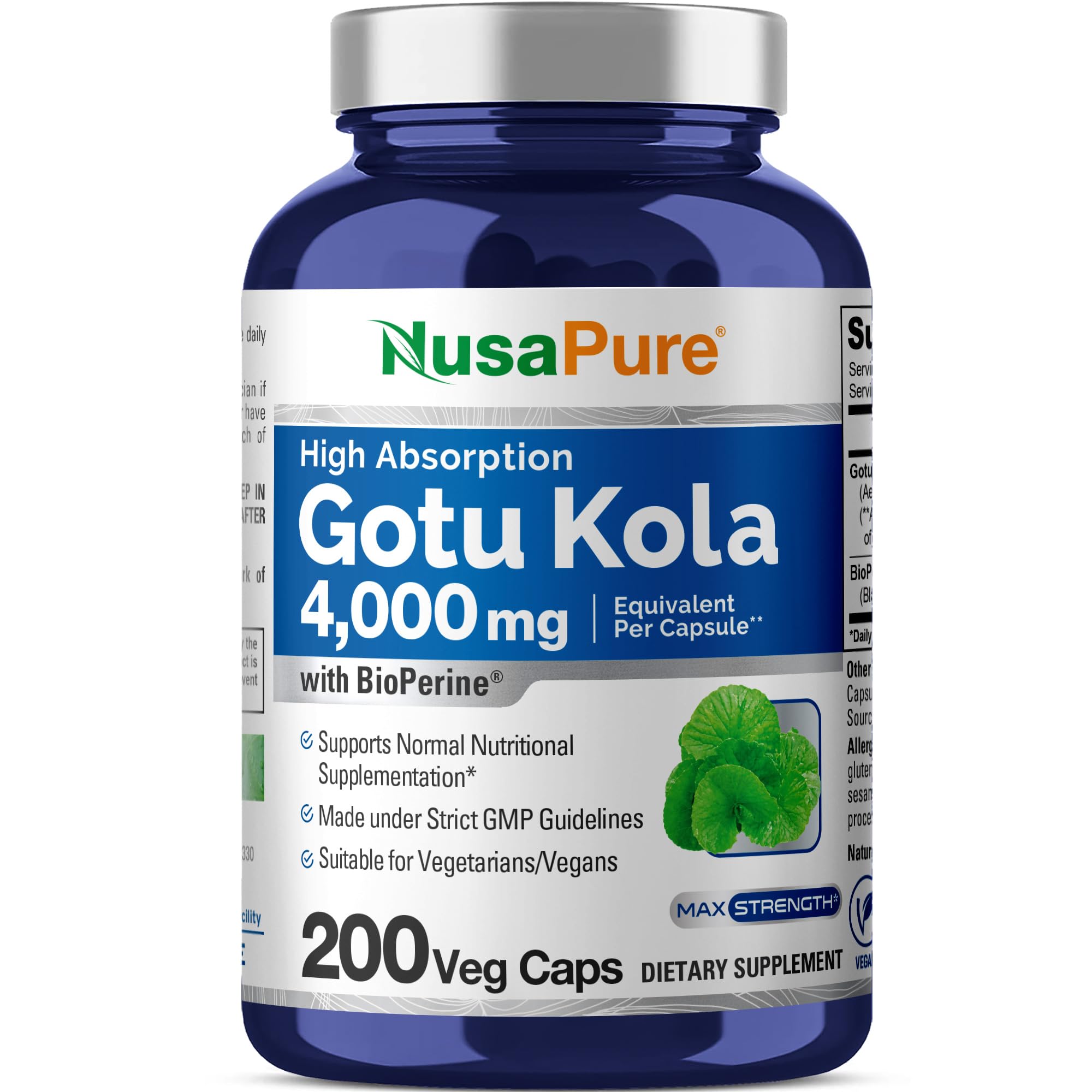 NusaPure Gotu Kola Capsules 20:1 Extract, 200 mg Equivalent to 4000mg Per Veggie Caps, 200 Count, Non-GMO, Vegan, Bioperine - Traditional Herb Extract NusaPure uk supplements