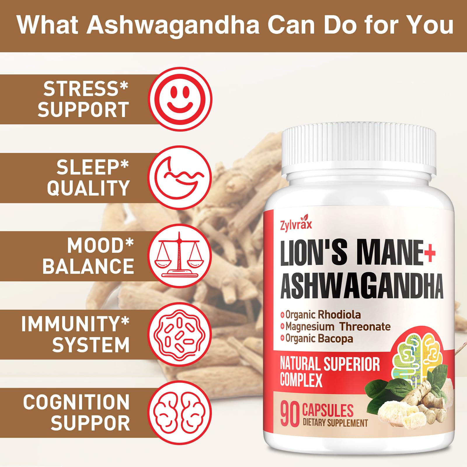 Ashwagandha & Lions Mane Supplements Capsules, Brain Supplements for Memory and Focus, Ashwagandha with Rhodiola Rosea for Cognitive, Immune Support, Cortisol Supplements for Women, 90 Capsules Zylvrax uk supplements
