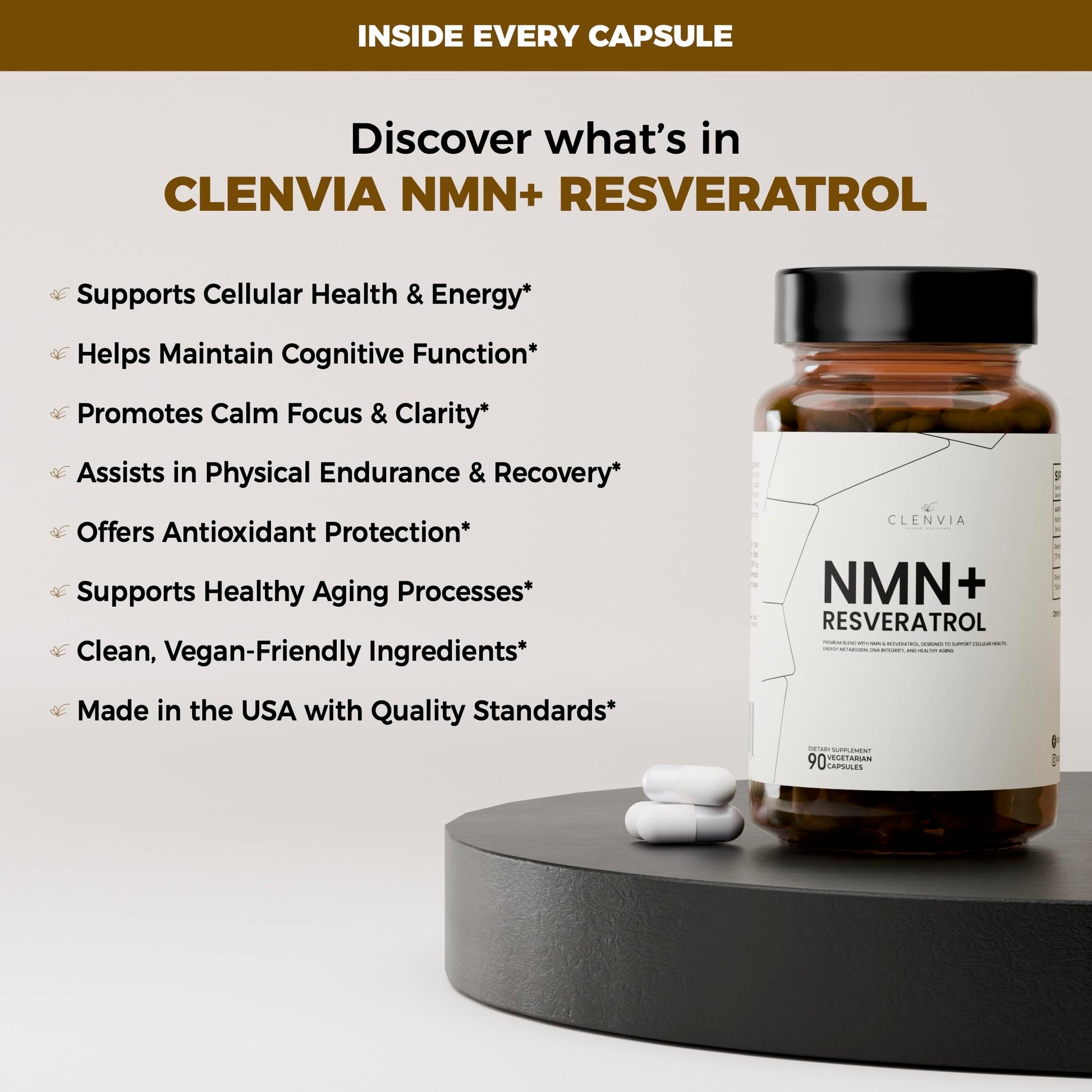 CLENVIA Premium NMN Supplement with Resveratrol – High Potency NAD+ Support Formula – >99.7% Purity – Third-Party Tested – Made in USA – 500mg Nicotinamide + 100mg Resveratrol – 90 Capsules CLENVIA uk supplements