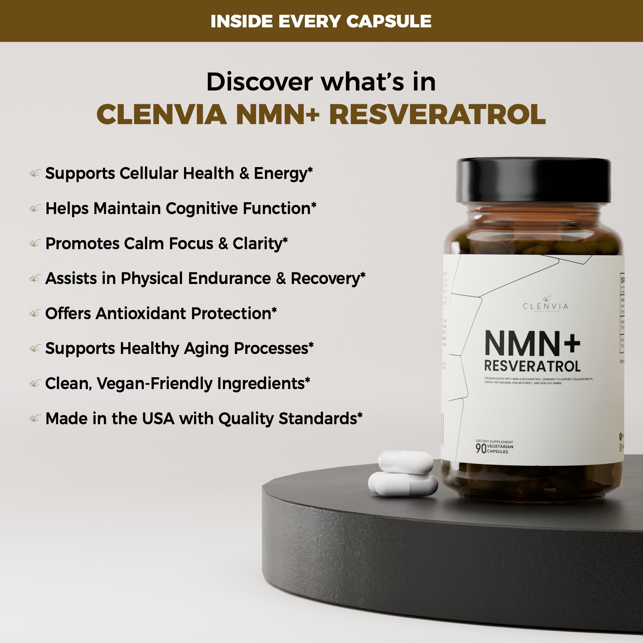 CLENVIA Premium NMN Supplement with Resveratrol – High Potency NAD+ Support Formula – >99.7% Purity – Third-Party Tested – Made in USA – 500mg Nicotinamide + 100mg Resveratrol – 90 Capsules CLENVIA uk supplements