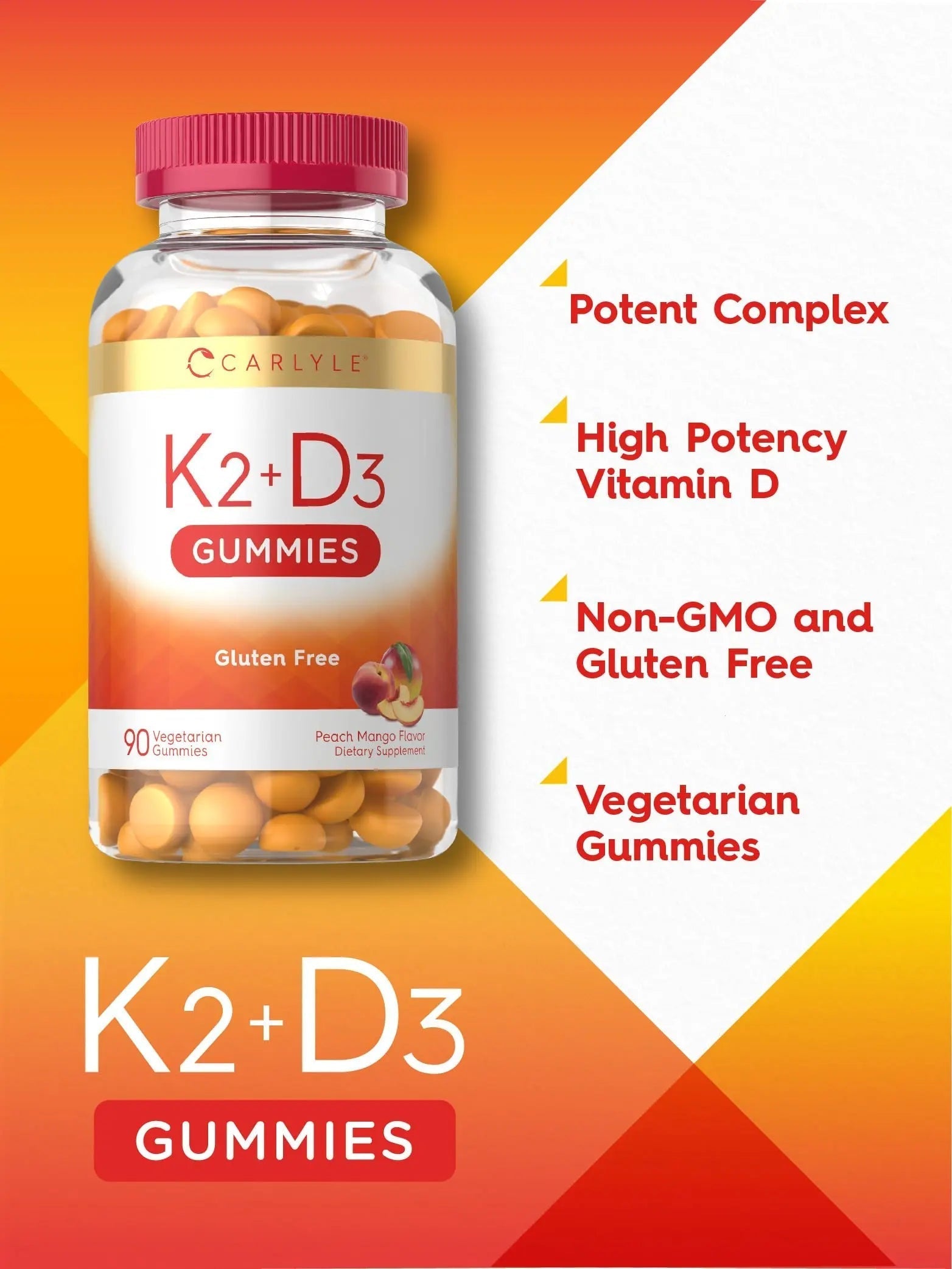 Carlyle Vitamin D3 K2 Gummies | 90 Count | 5,000 IU of D3 + 100 mcg MK7 | Peach Mango Flavor Carlyle uk supplements