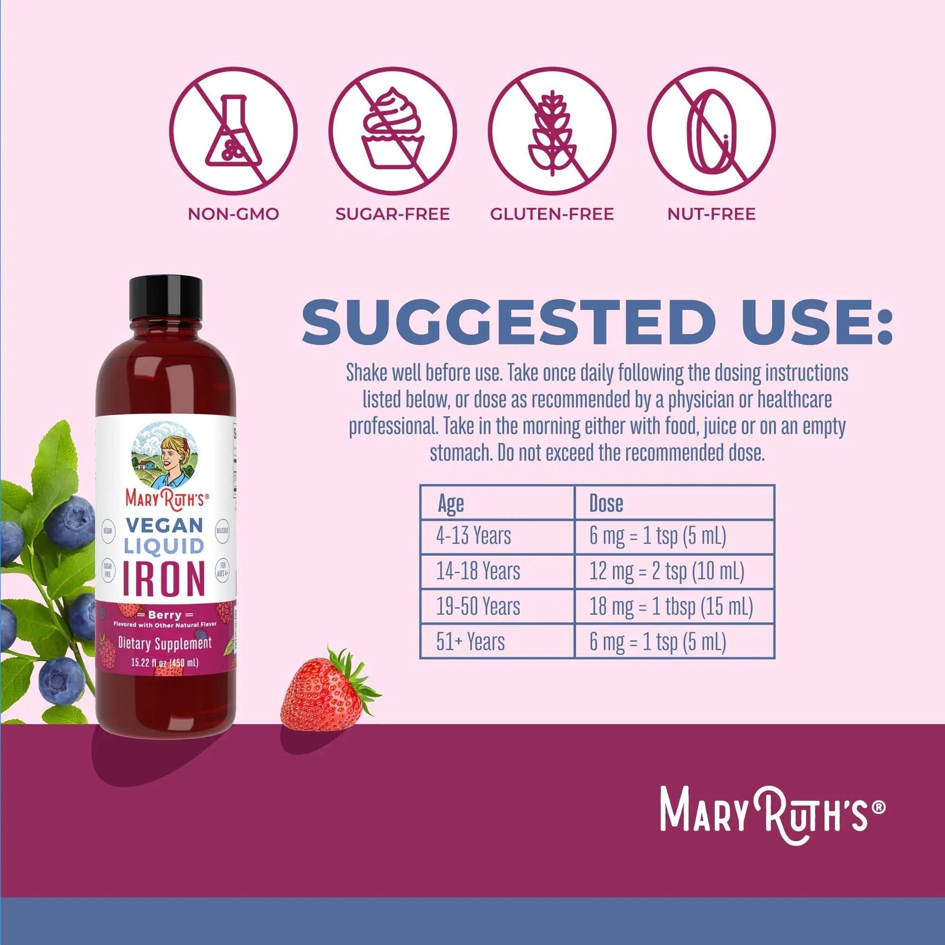 MaryRuth's MaryRuth's Liquid Morning Multivitamin +Hair Growth (Peach Mango, 15.22oz) & Iron Liquid (Berry) | Clean Label Project Verified® | MARYRUTH'S uk supplements