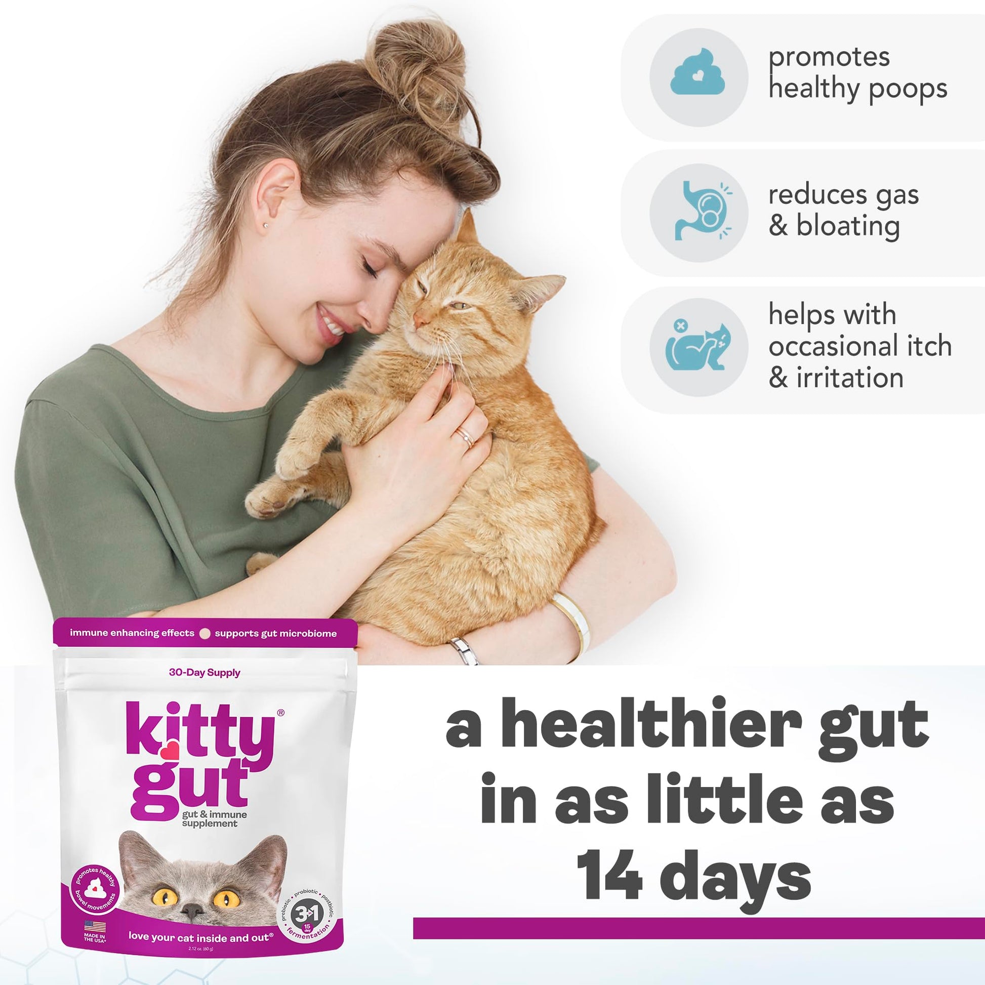 KittyGut 3-in-1 Organic Cat Probiotics & Postbiotic Supplement Powder- Made in USA-Probiotics for Cats Promote Gut Health and Cat Digestive Support, Diarrhea and Vomiting (60g) MUTTGUT uk supplements