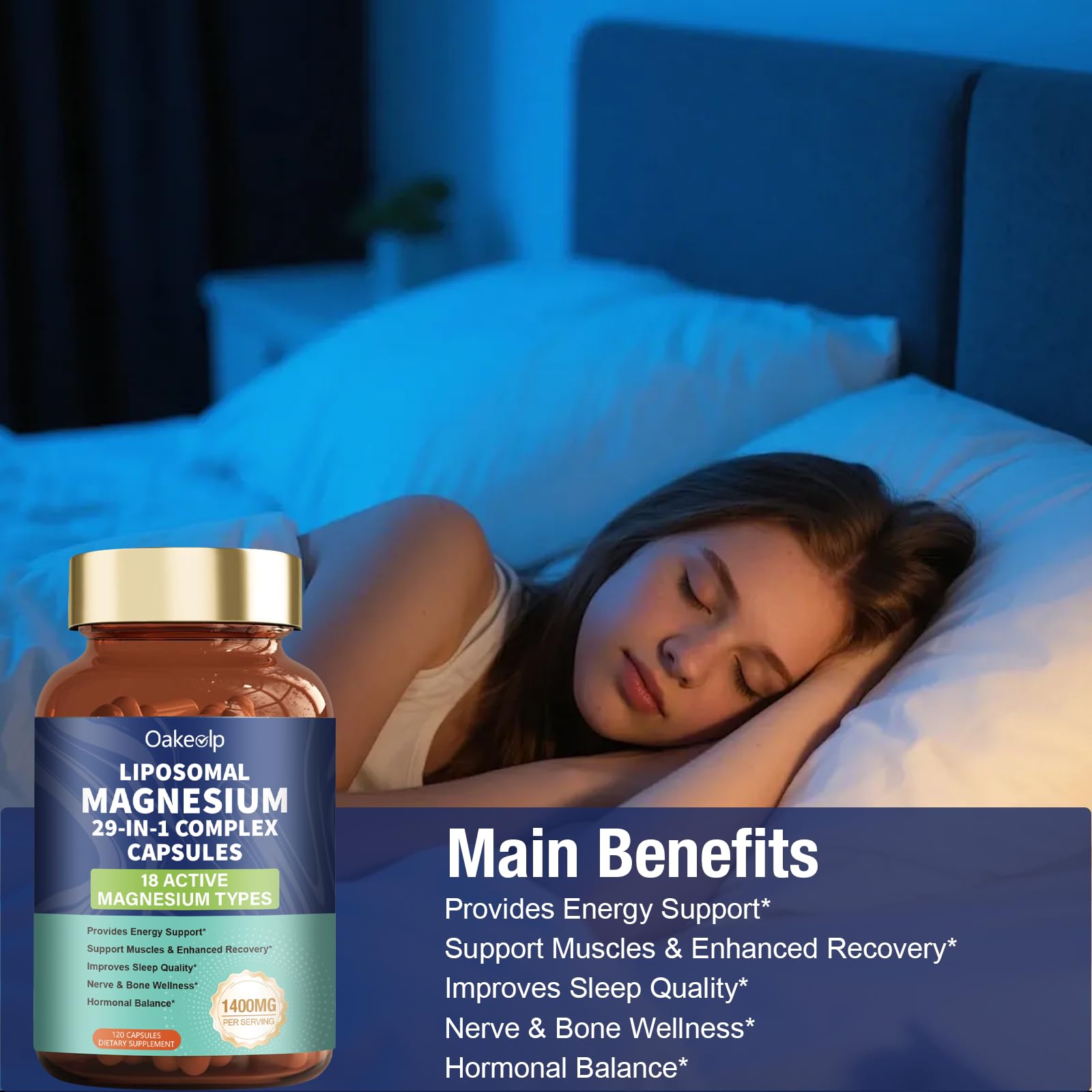29-in-1 Liposomal 18 Active Types Magnesium Complex 1400MG Capsule,L-Threonate Glycinate Malate etc,Mild & Efficient,Extra Vitamin B6 B12 D3K2 & CoQ10, Relaxation Nerve* & Hert* Support Oakevlp uk supplements