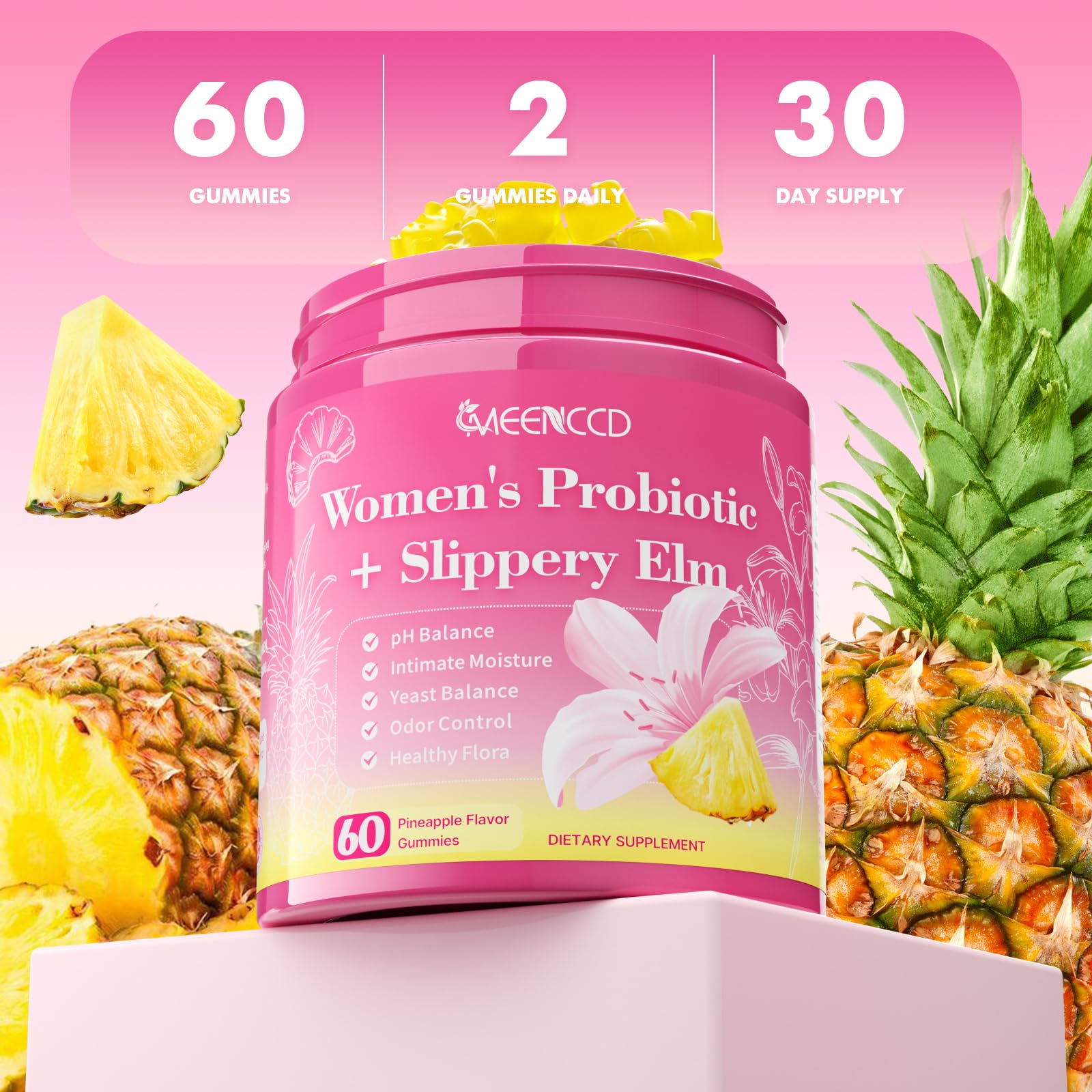 MEENCCD Her Juicy Feminine Probiotics Gummies with Slippery Elm & Lactobacillus Blend, Supports pH Balance & Immune Function, Promotes Vaginal Wellness, Pineapple Flavor, 60 Count MEENCCD uk supplements