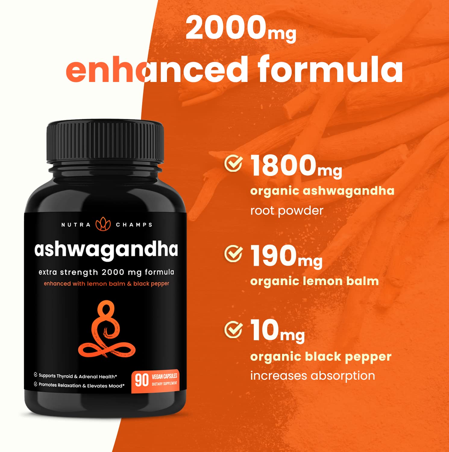NutraChamps Organic Ashwagandha Capsules, 2000mg Adrenal Fatigue, Thyroid & Mood Support Ashwagandha Supplements, Ashwagandha Root Powder & Lemon Balm, Superior Absorption with Black Pepper NutraChamps uk supplements